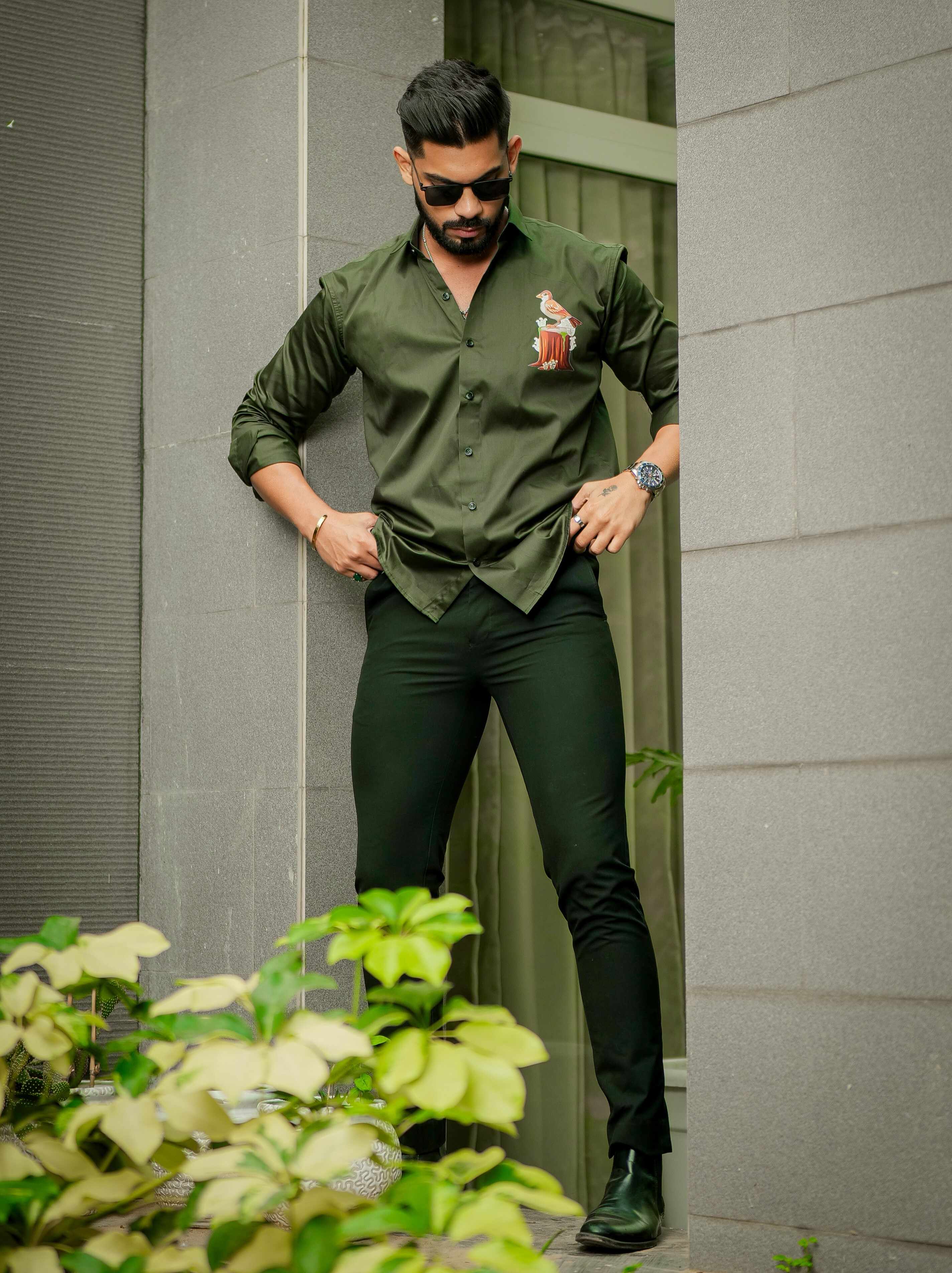 Olive Designer Giza Satin Cotton Shirt