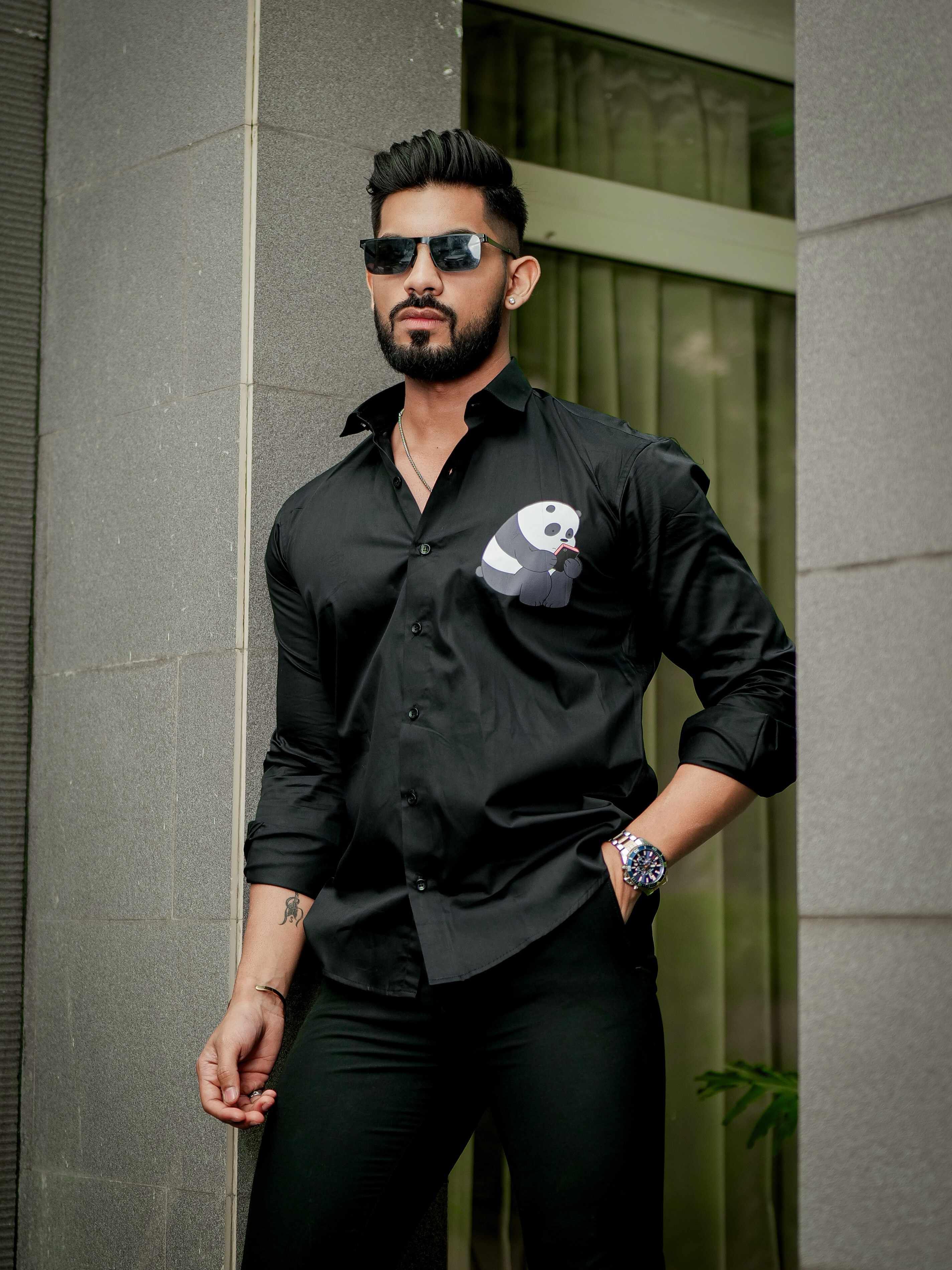 Black Club Wear Printed Satin Cotton Shirt