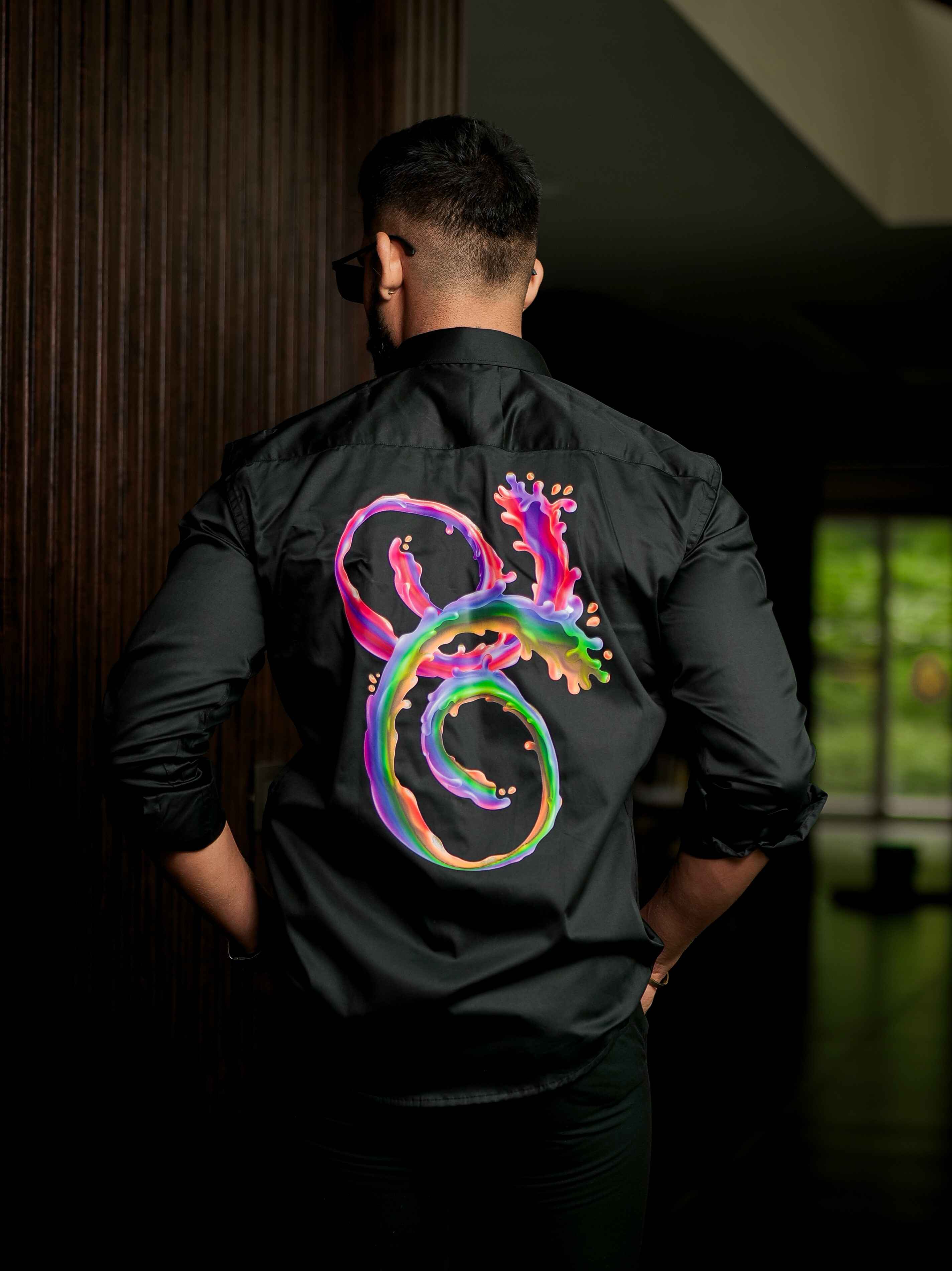 Black Club Wear Printed Satin Cotton Shirt