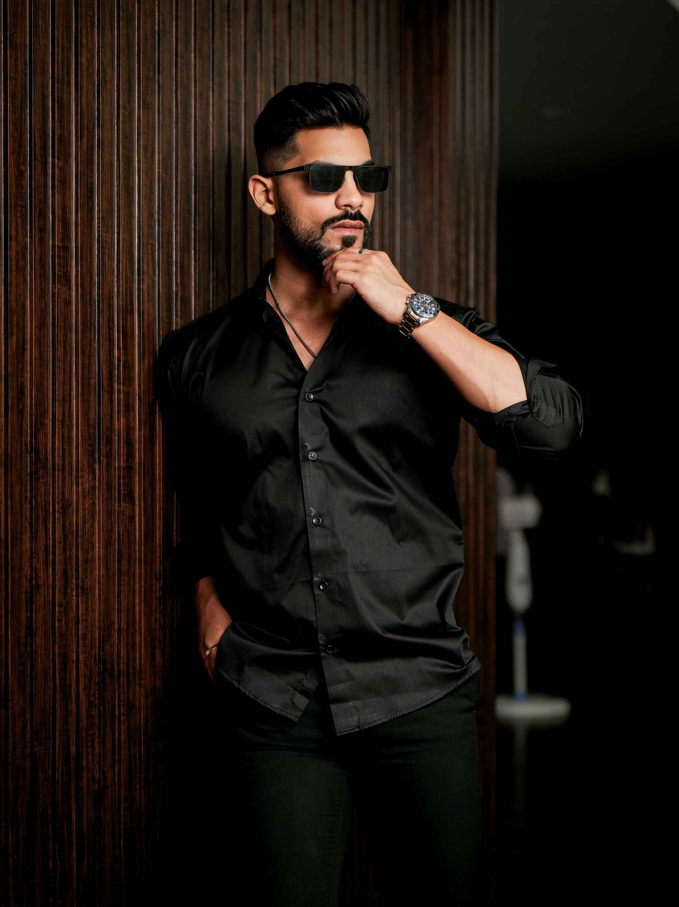 Black Club Wear Printed Satin Cotton Shirt