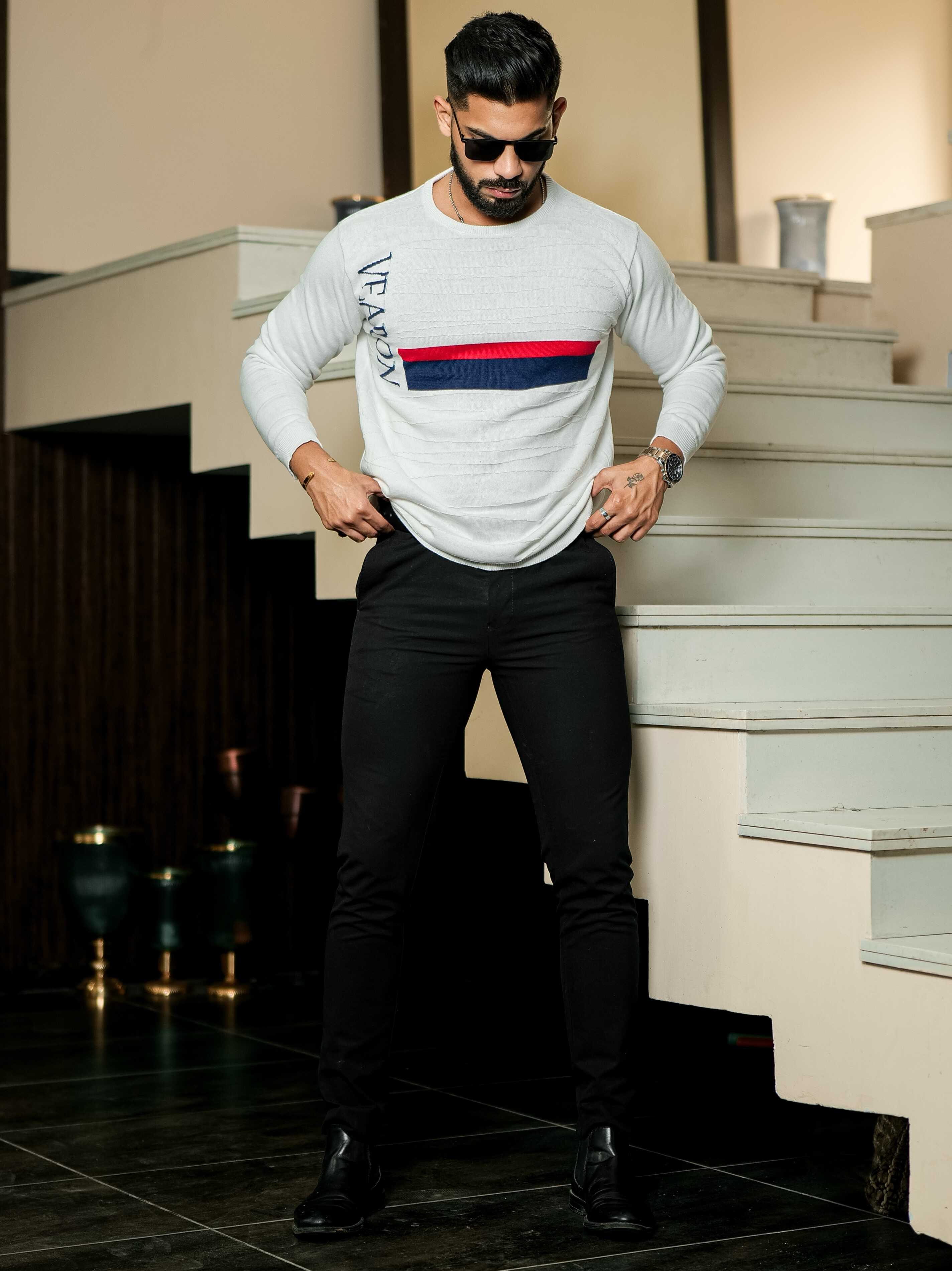 White Cotton Full Sleeve Premium T Shirt - Main Image