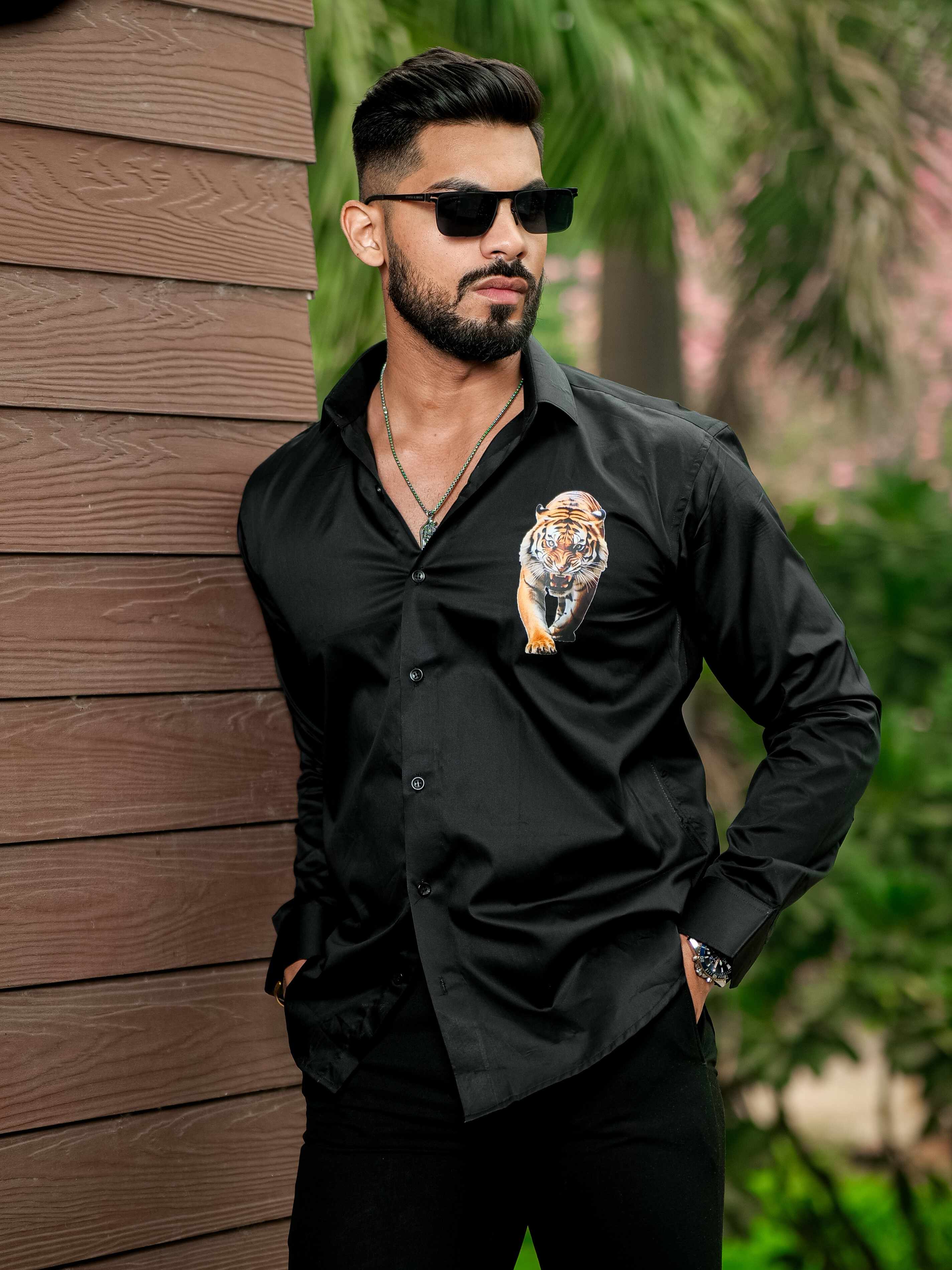Black Club Wear Printed Satin Cotton Shirt