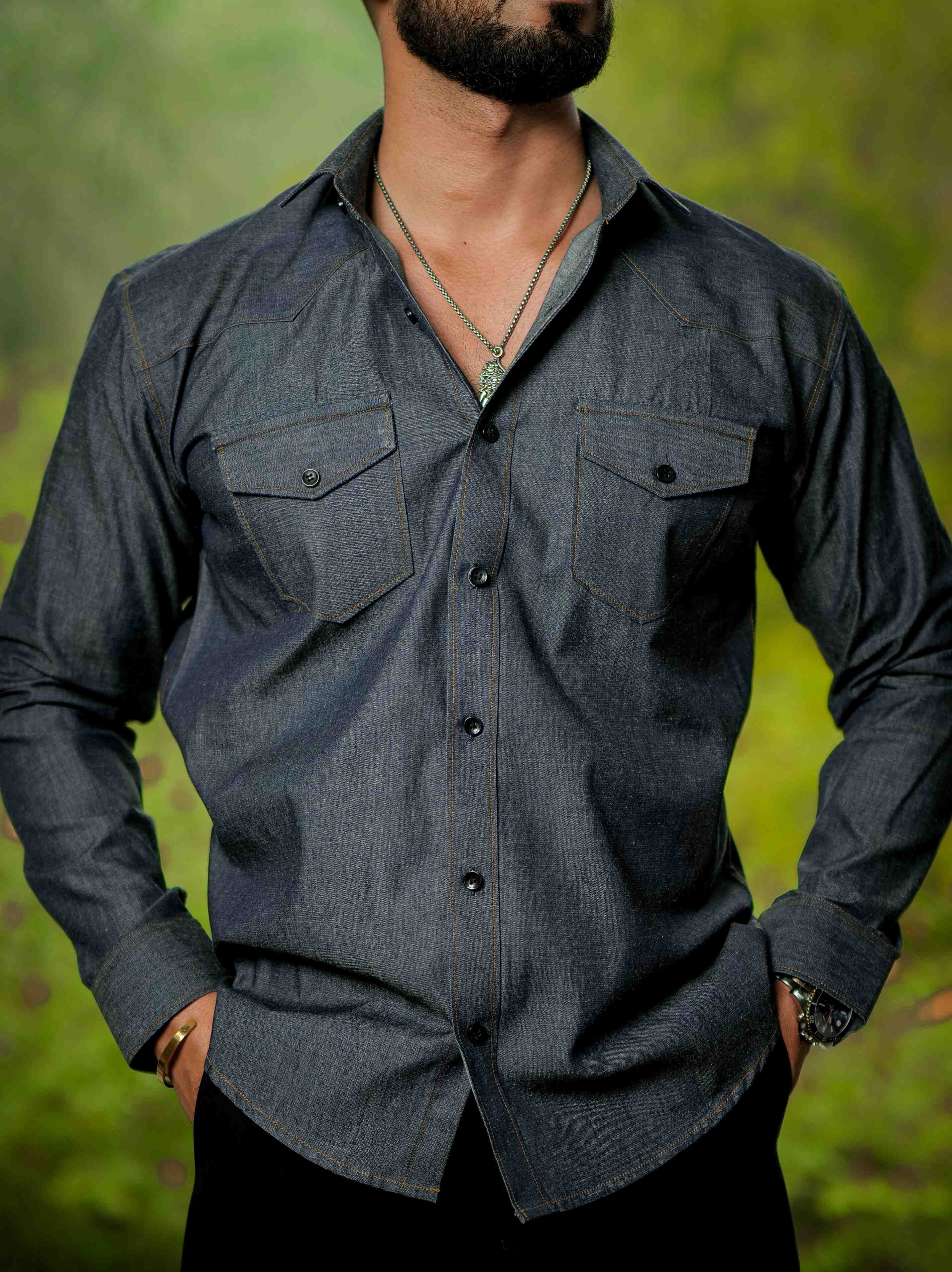 Dark Grey Cotton Denim Shirt – The Foomer - Main Image