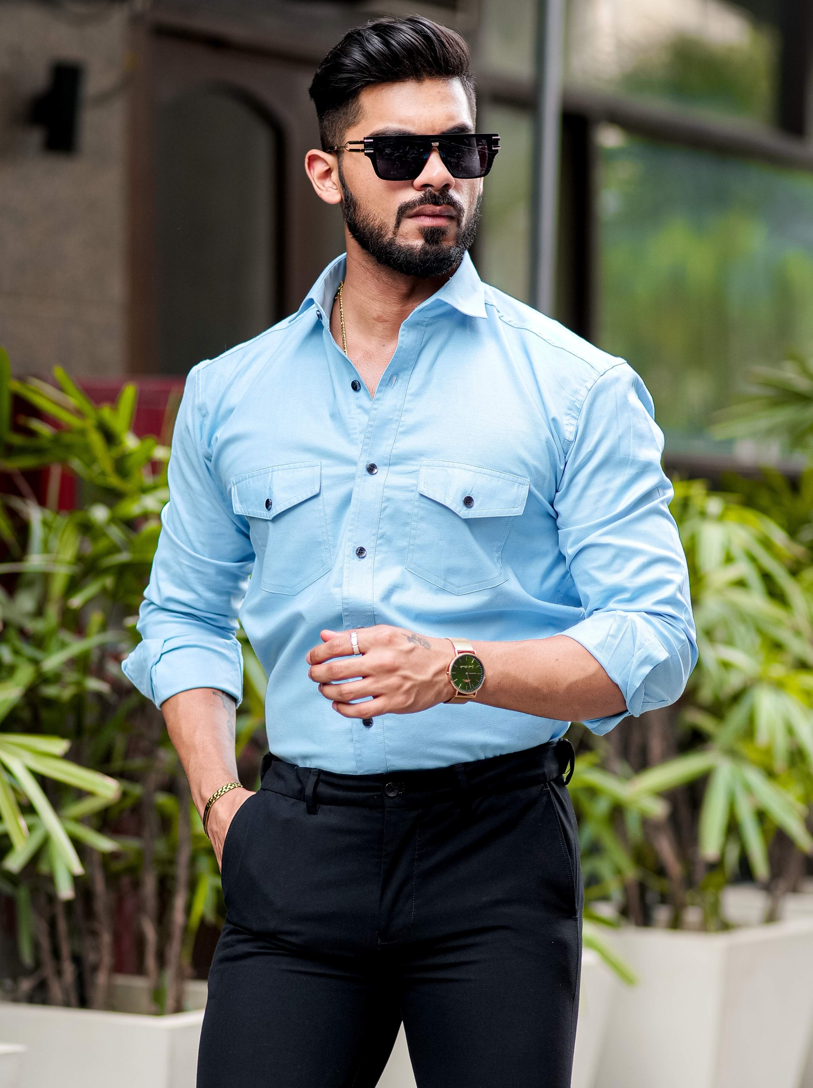 light blue dress shirt black pants Men's French Blue Long Sleeve Dress Shirt, Stain Repellent, Wrinkle Resistant