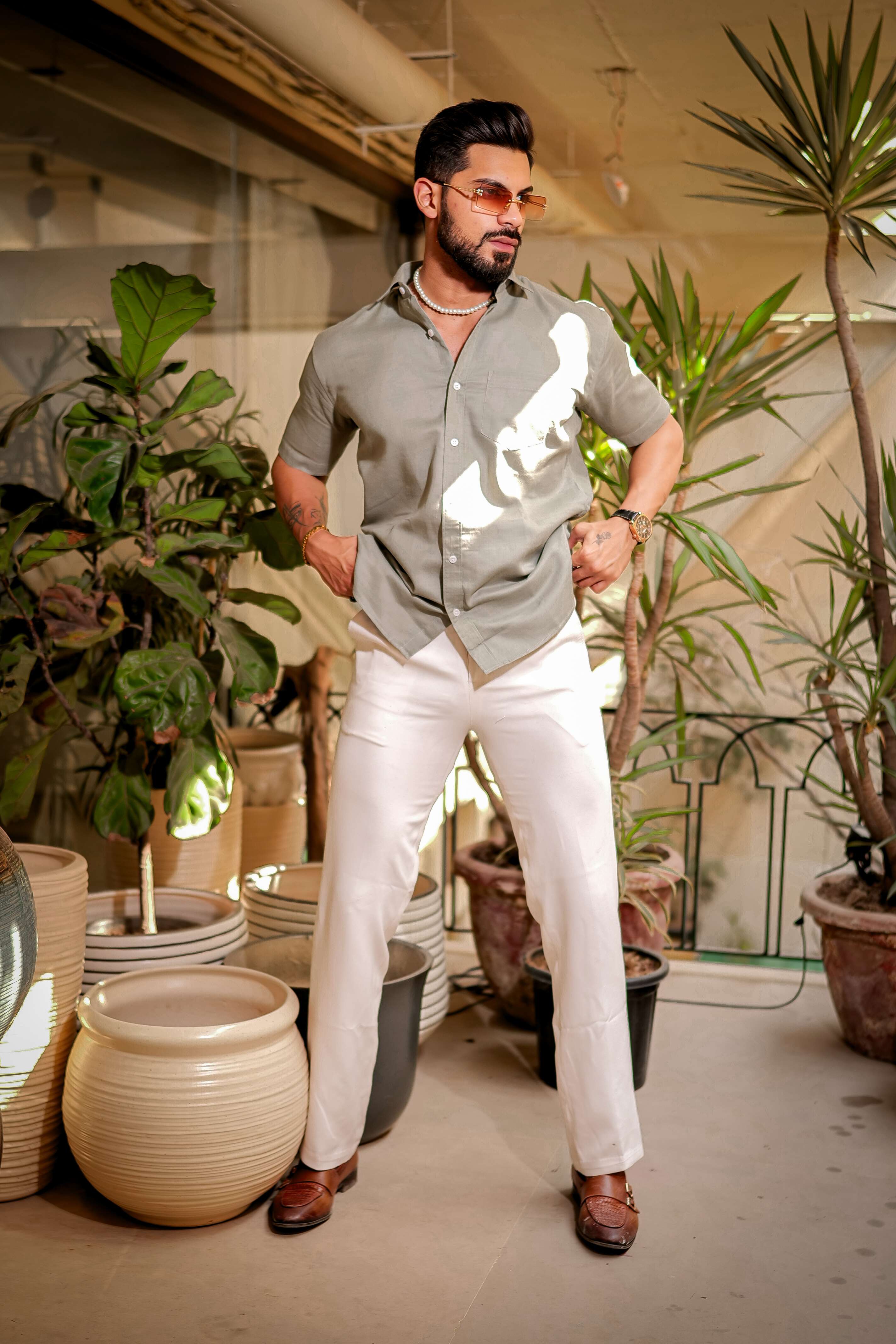 Light Green Luxury Formal linen Cotton Shirt For Men's