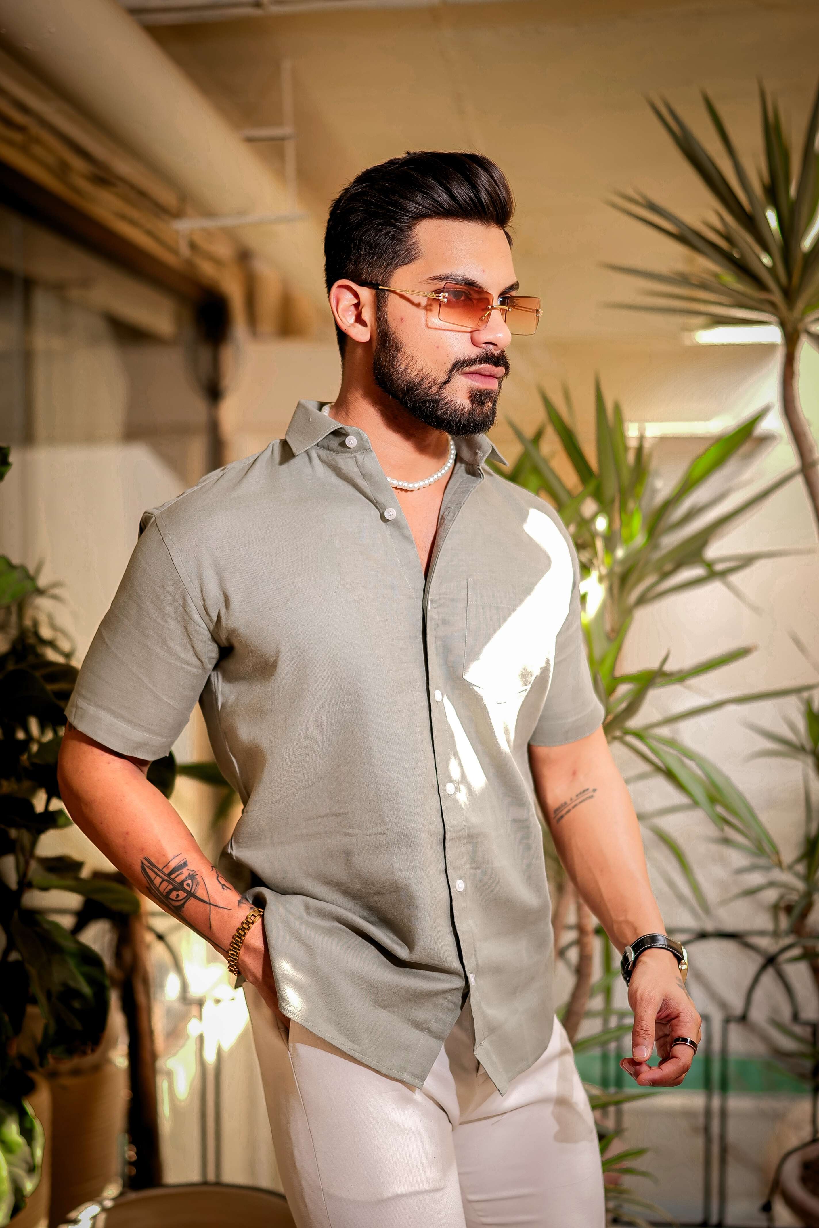 Light Green Luxury Formal linen Cotton Shirt For Men's
