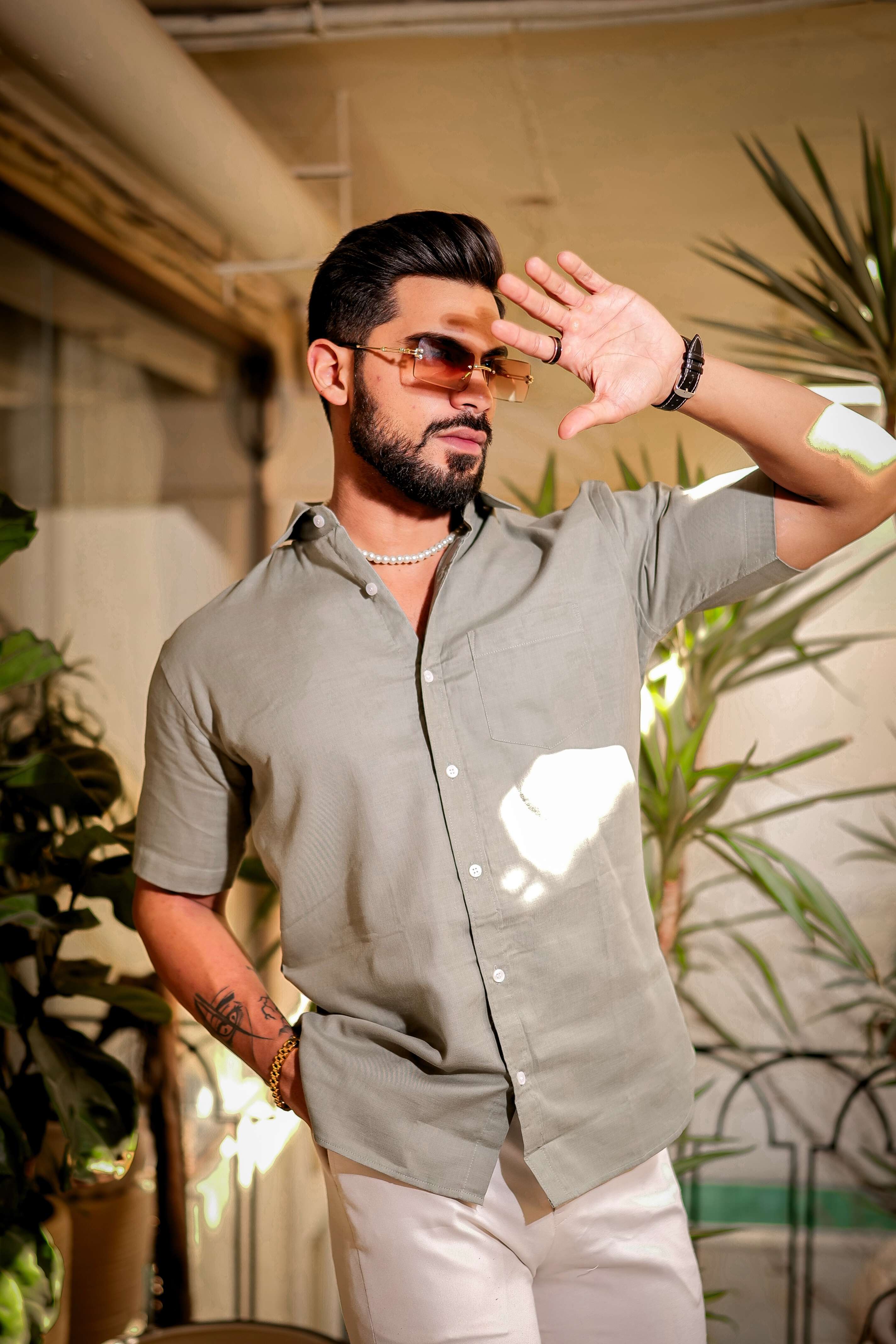 Light Green Luxury Formal linen Cotton Shirt For Men's