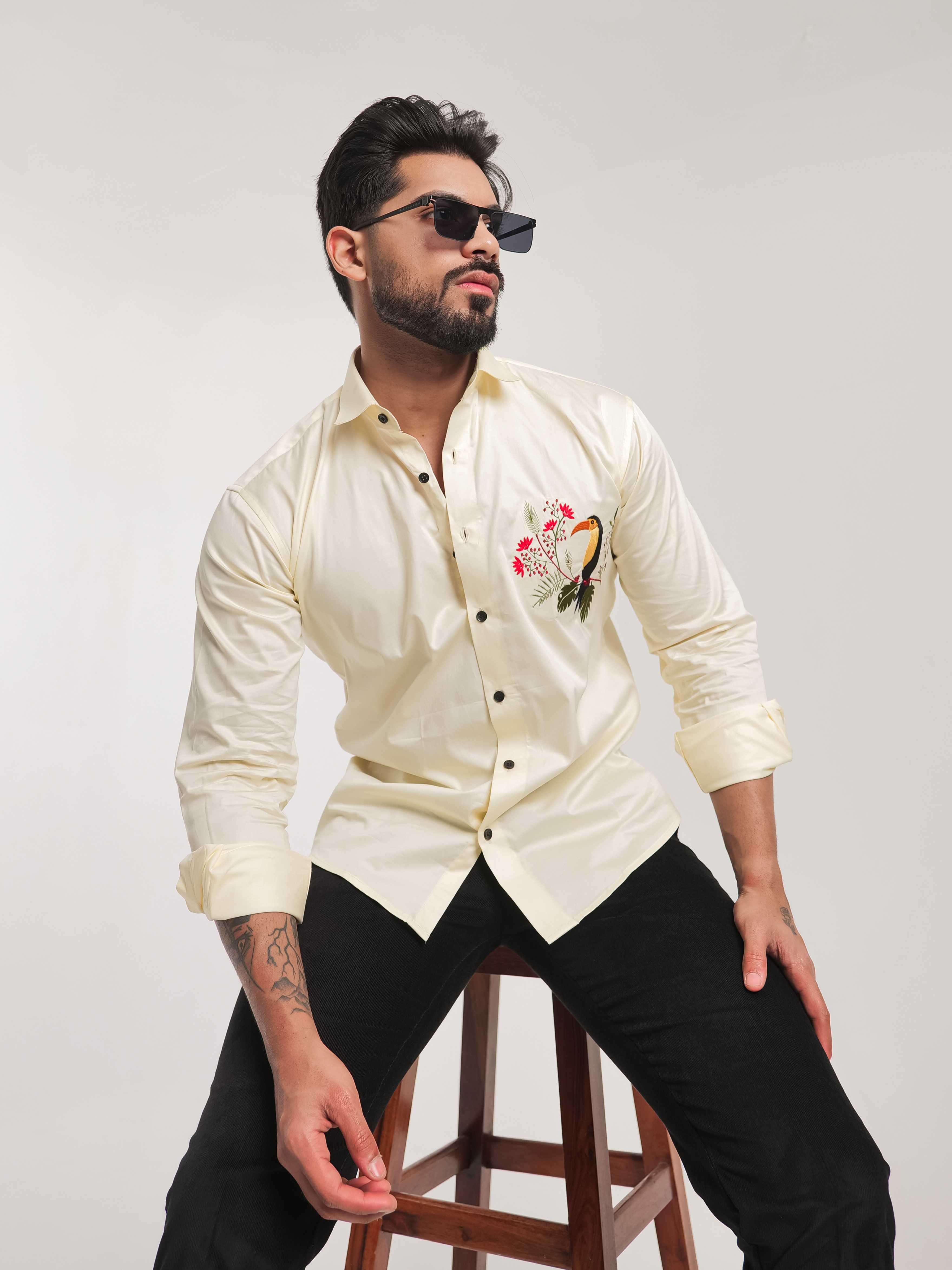 FOOMER YELLOW EMBROIDERY DESIGNER SATIN SHIRT FOR MEN'S