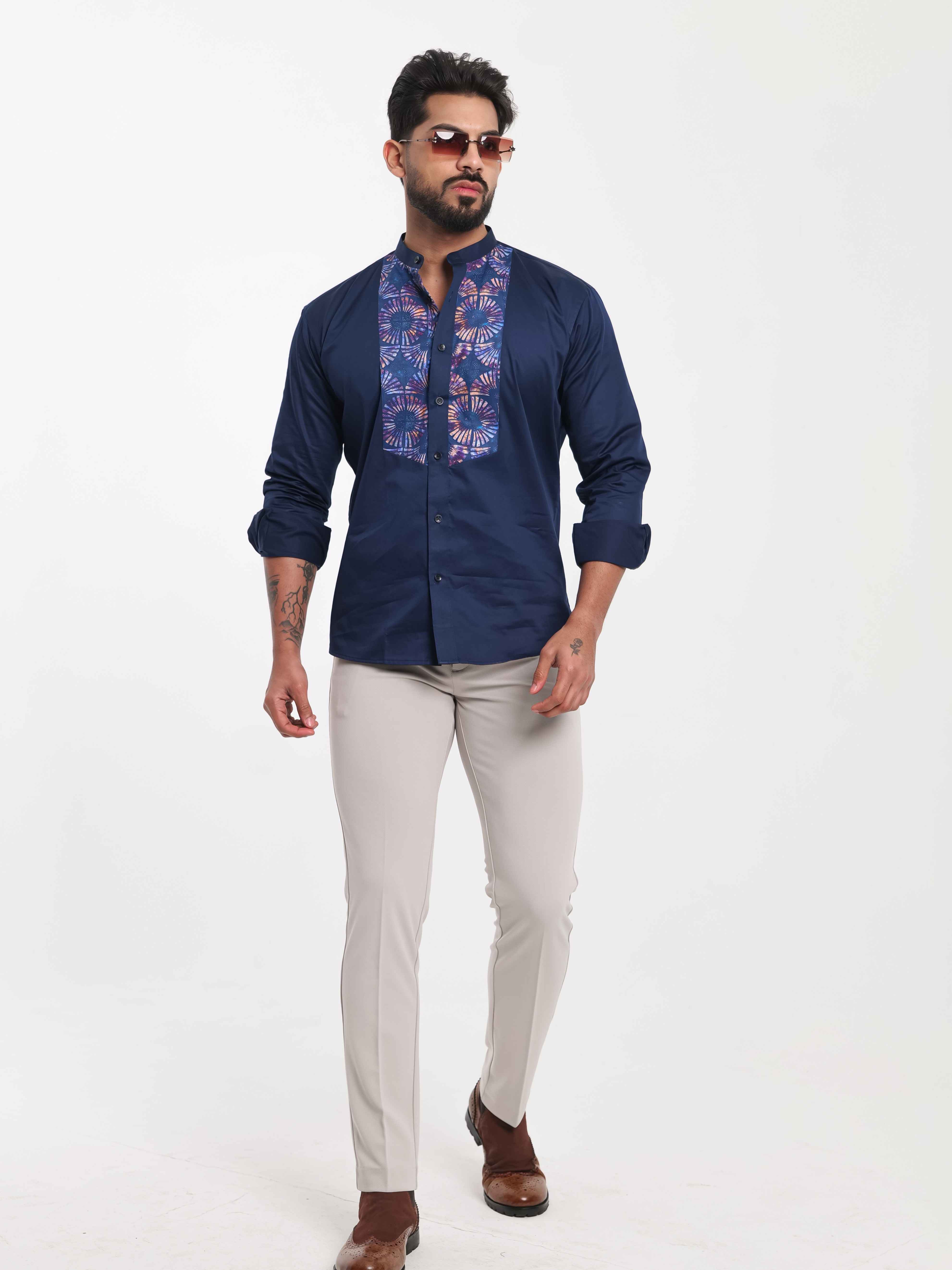 FOOMER NAVY KURTA CUT N SEW DESIGNER SHIRT FOR MEN'S