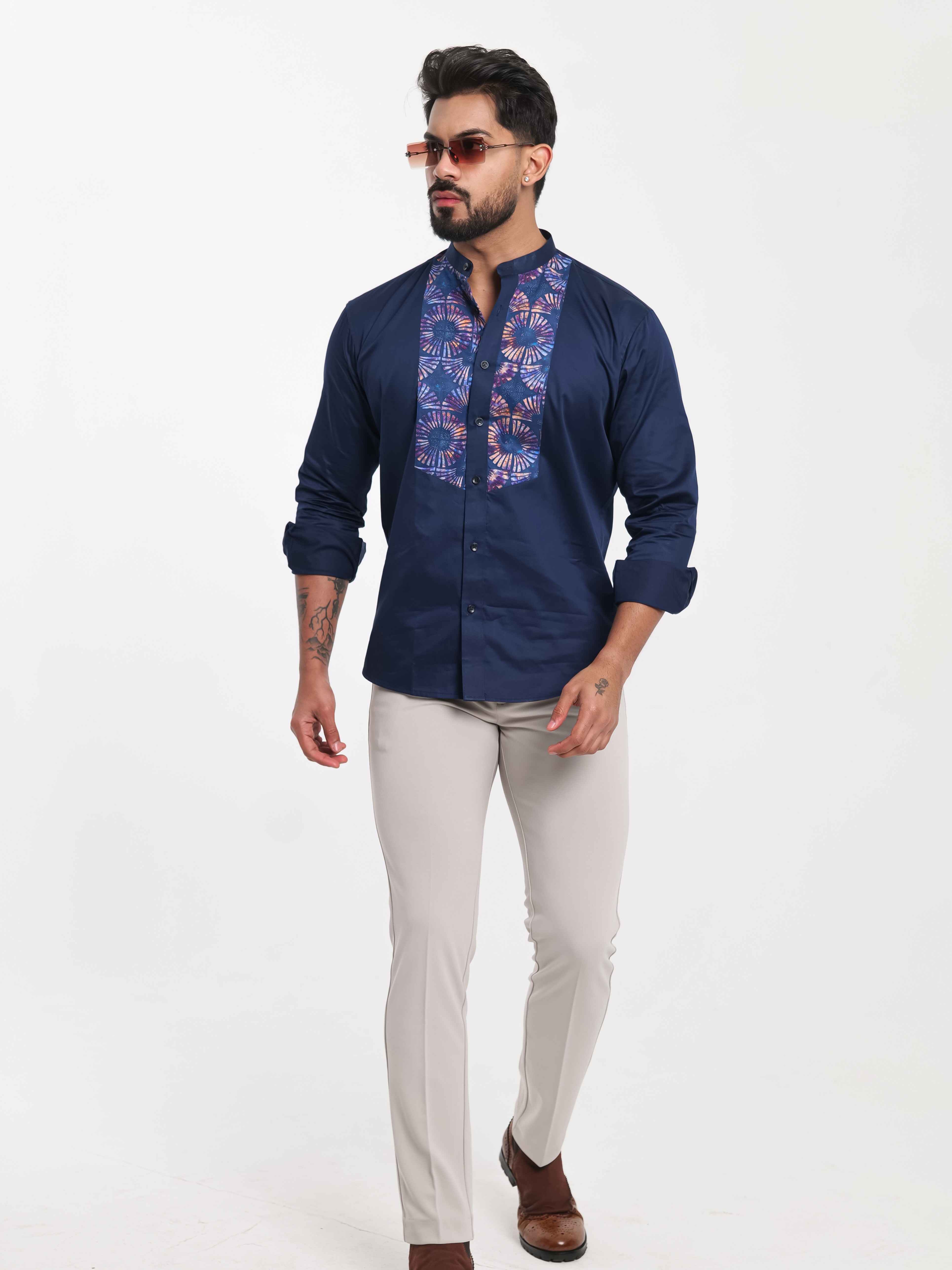 FOOMER NAVY KURTA CUT N SEW DESIGNER SHIRT FOR MEN'S