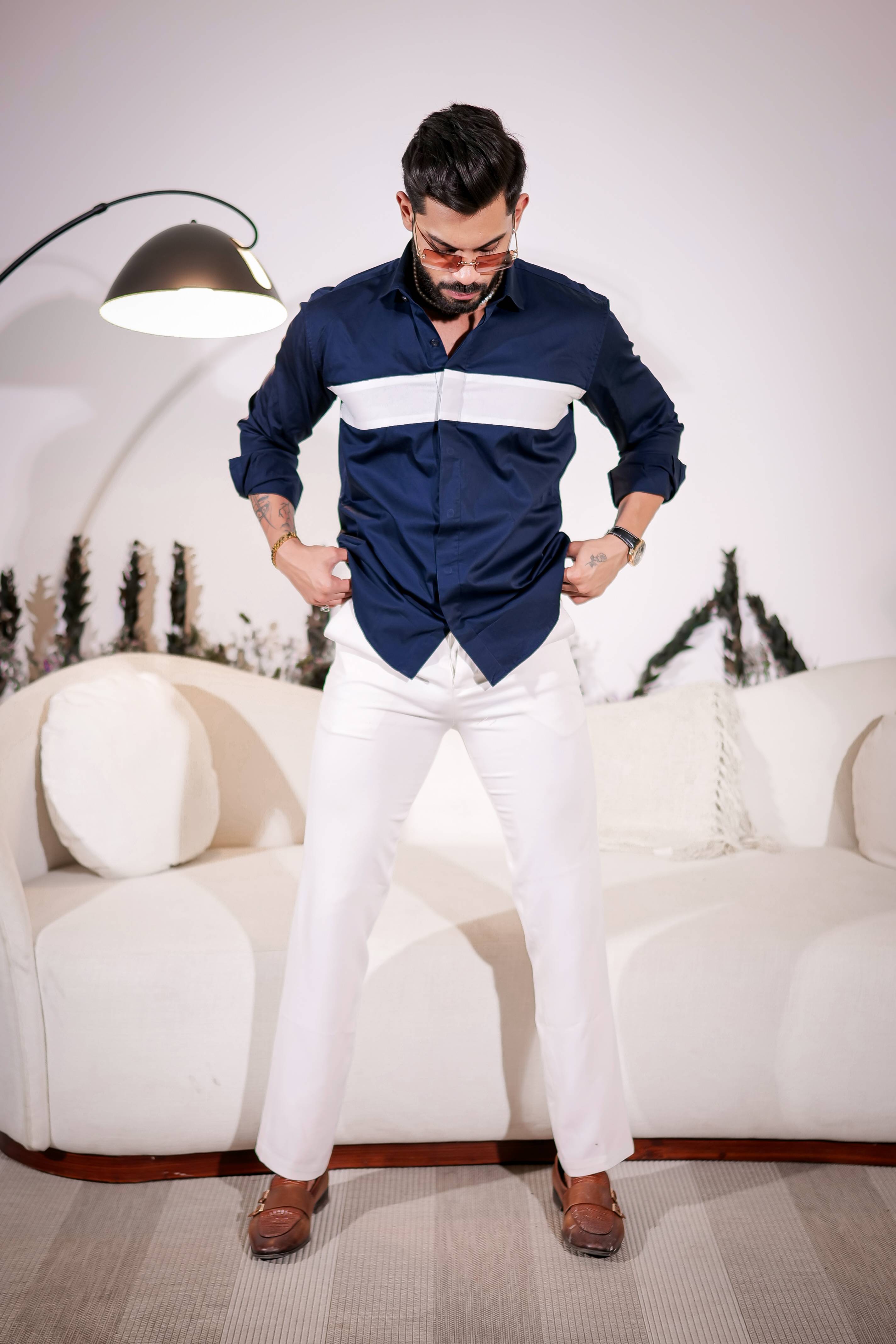 Navy Designer Club Wear Cut n Sew Satin Cotton Shirt