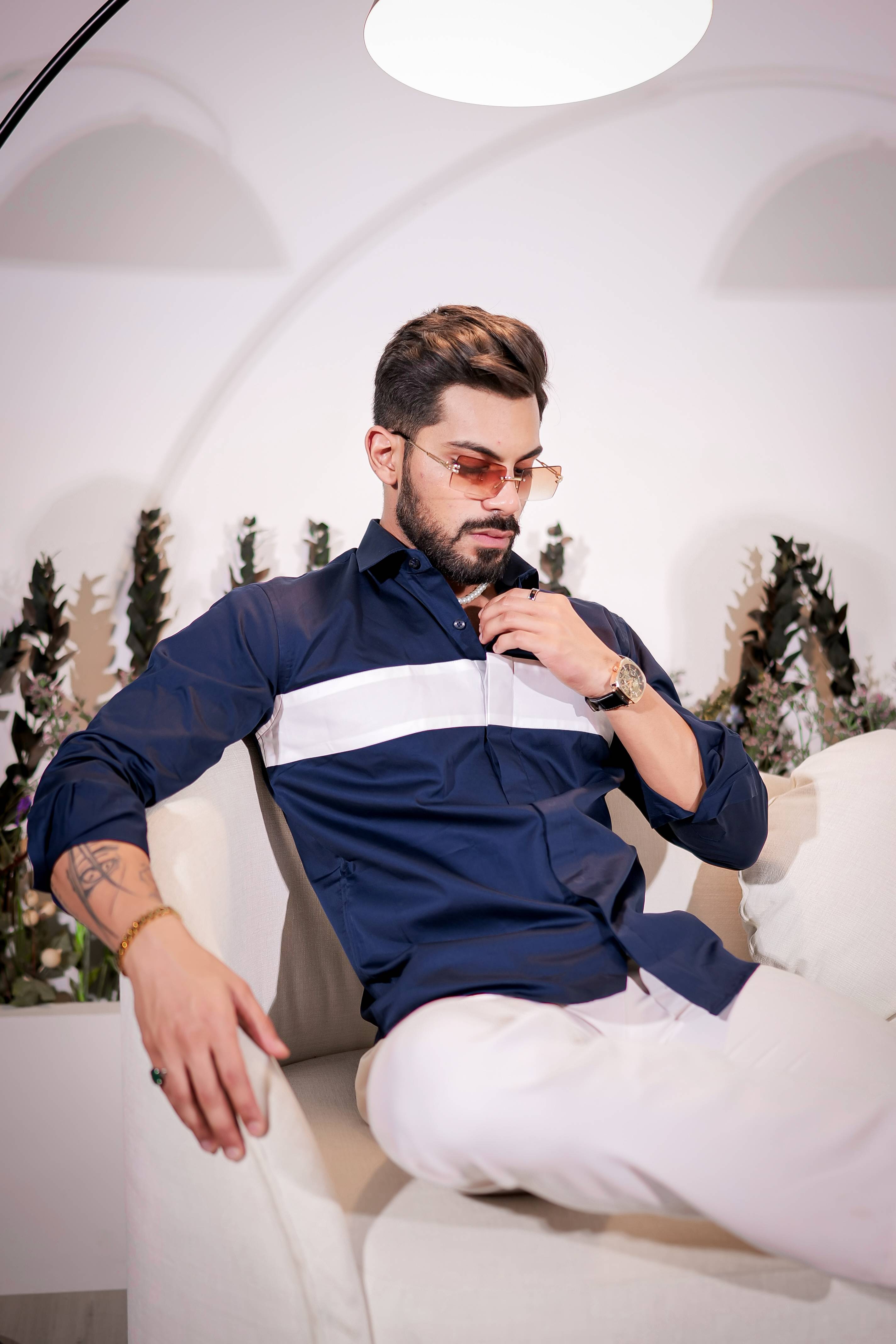 Navy Designer Club Wear Cut n Sew Satin Cotton Shirt