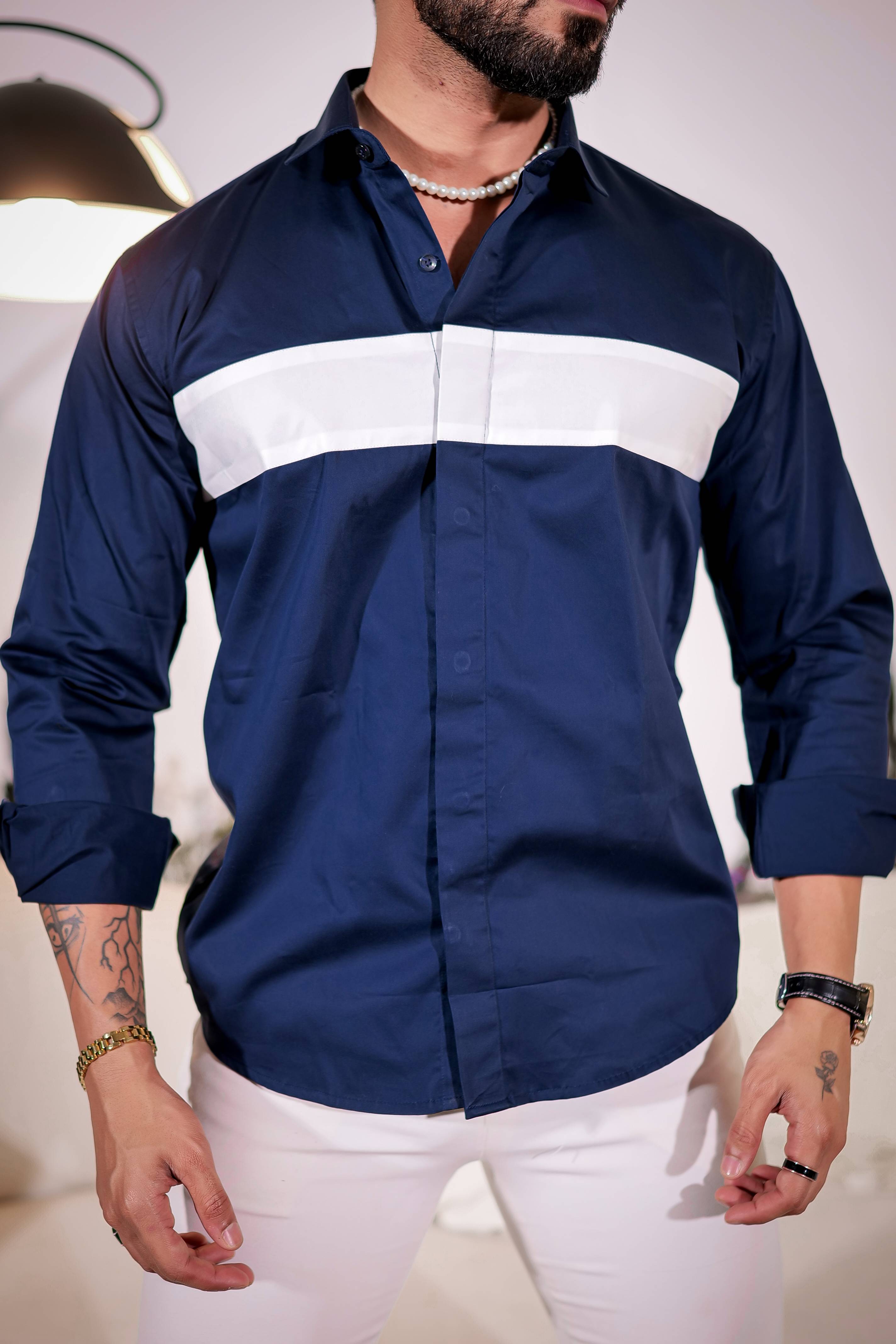 Navy Designer Club Wear Cut n Sew Satin Cotton Shirt
