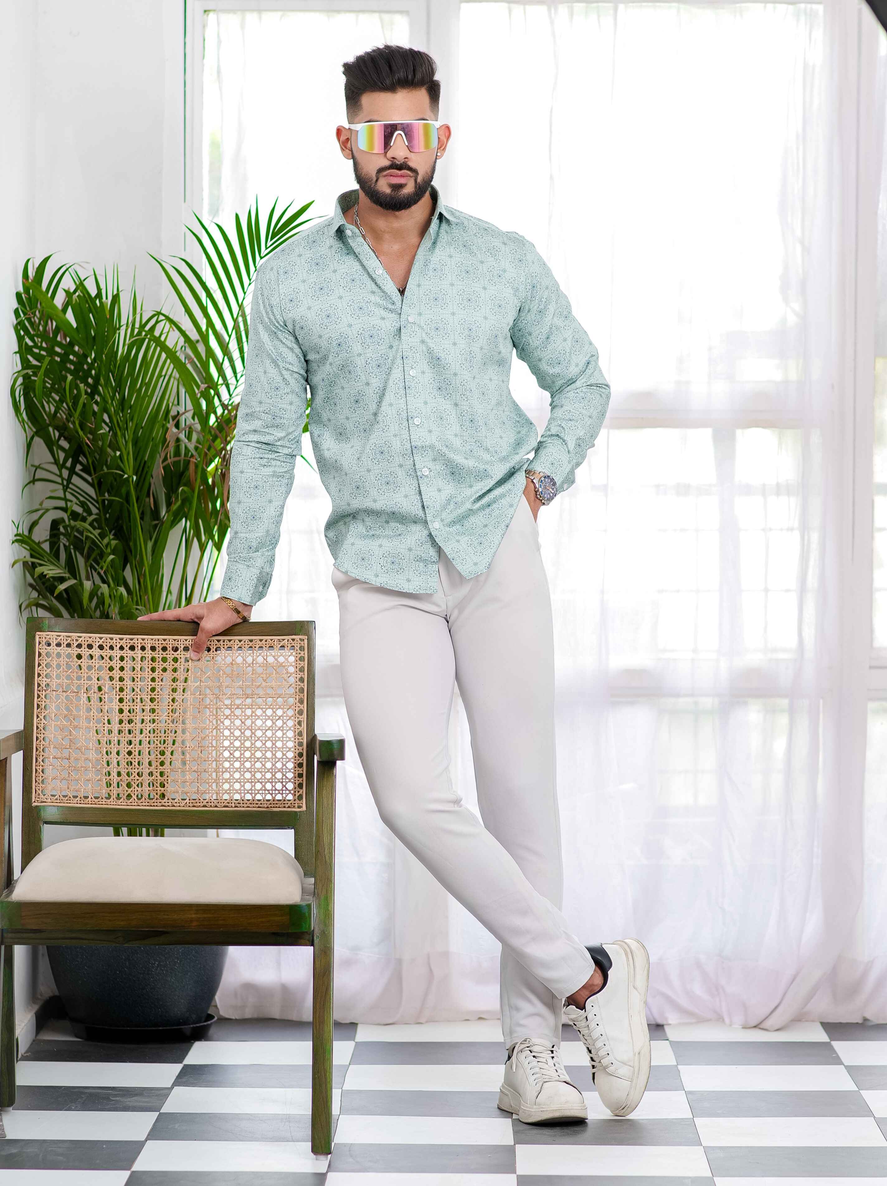 Light Green Satin Print Premium Shirt