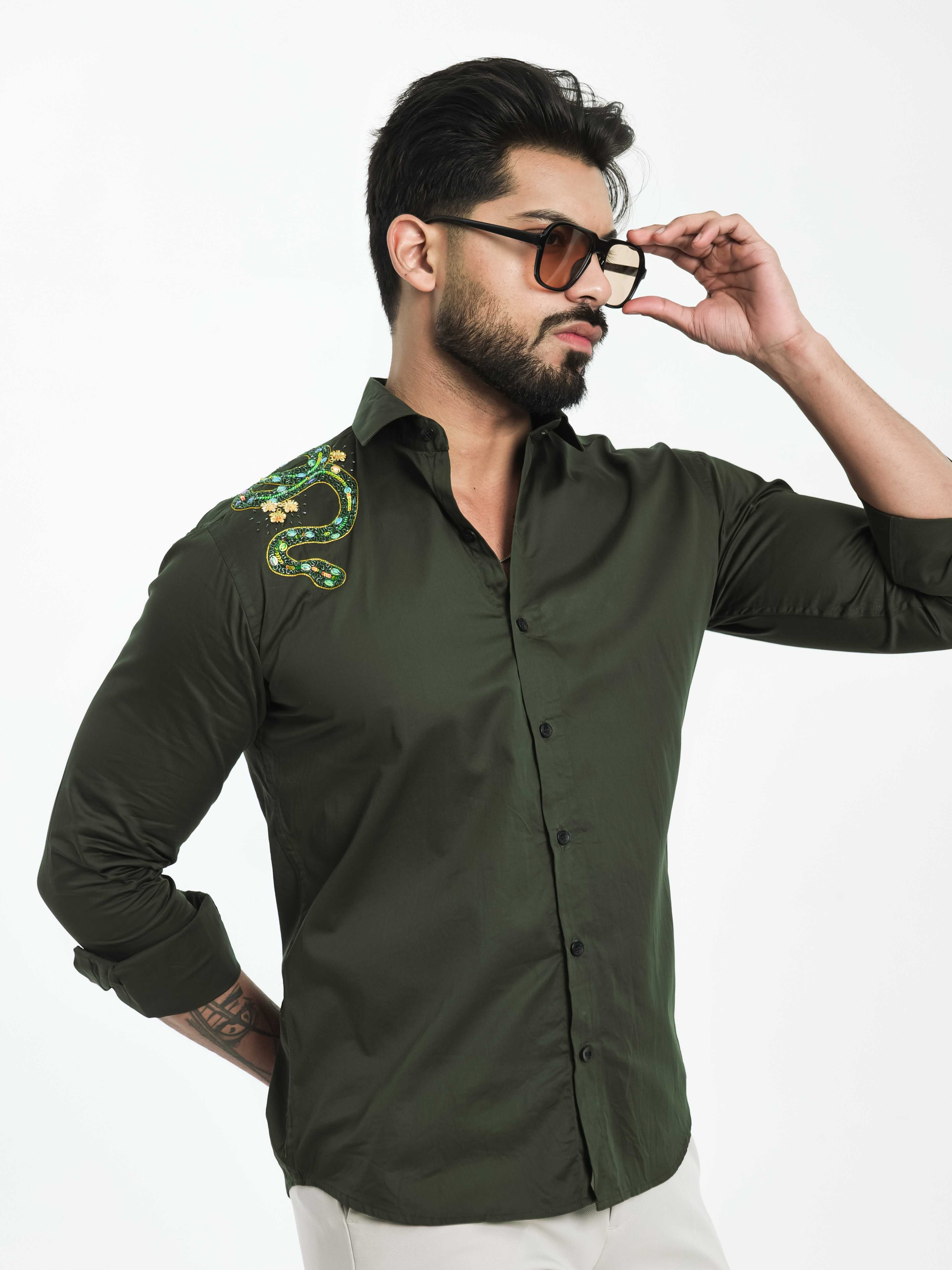 FOOMER OLIVE RHINESTONE HAND WORK SATIN COTTON PREMIUM SHIRT