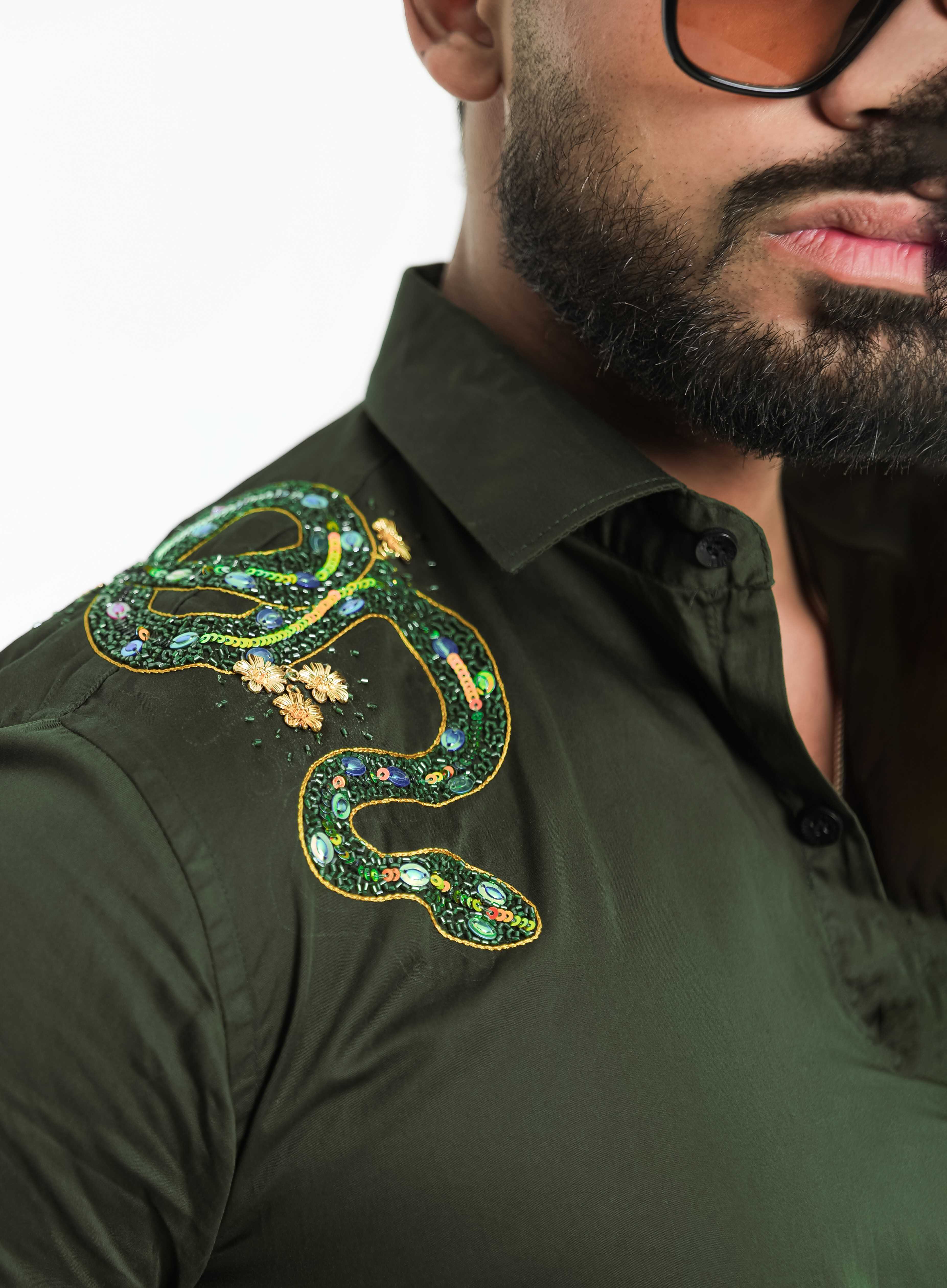 FOOMER OLIVE RHINESTONE HAND WORK SATIN COTTON PREMIUM SHIRT