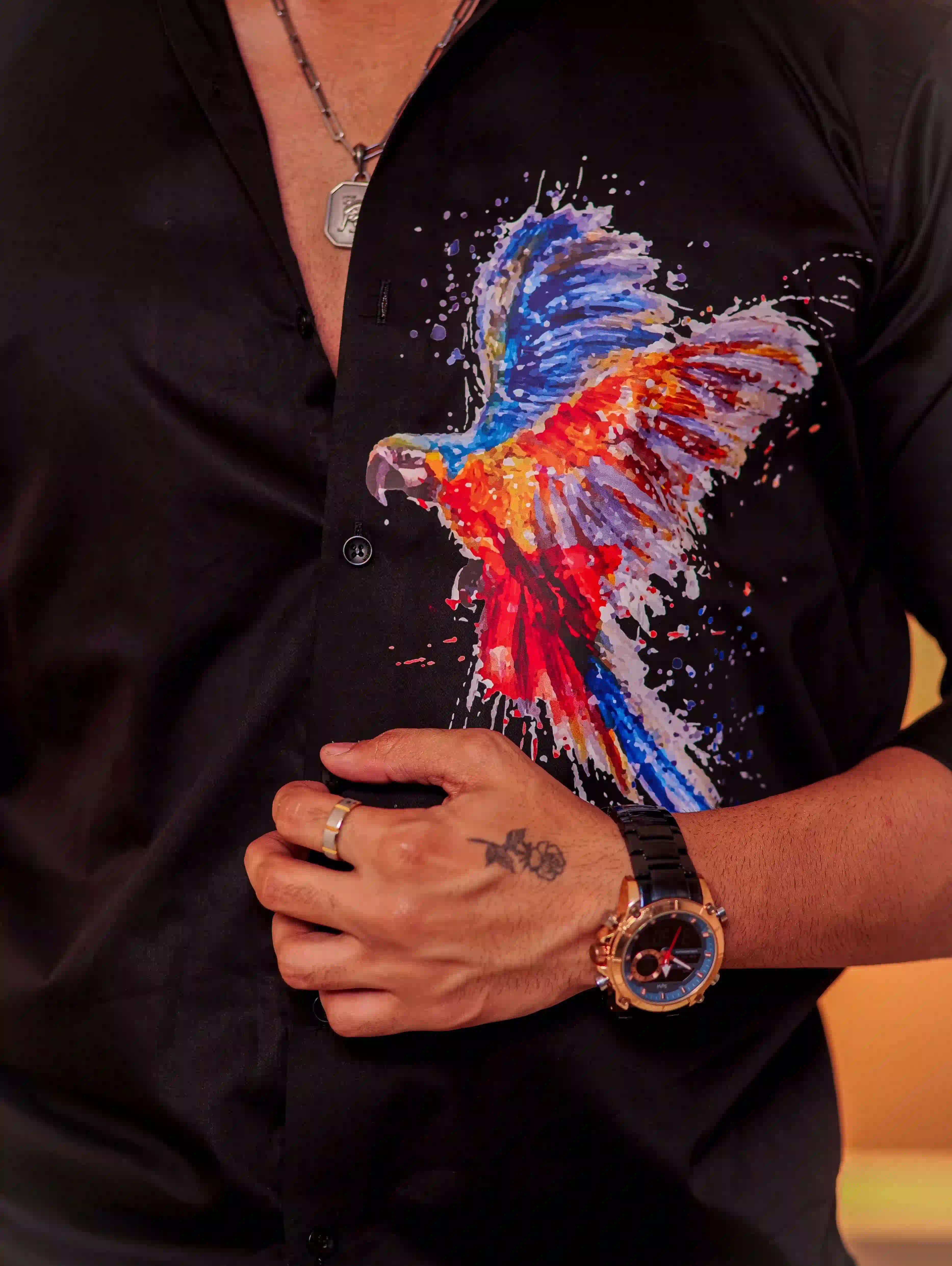 Black Club Wear Printed Satin Cotton Shirt