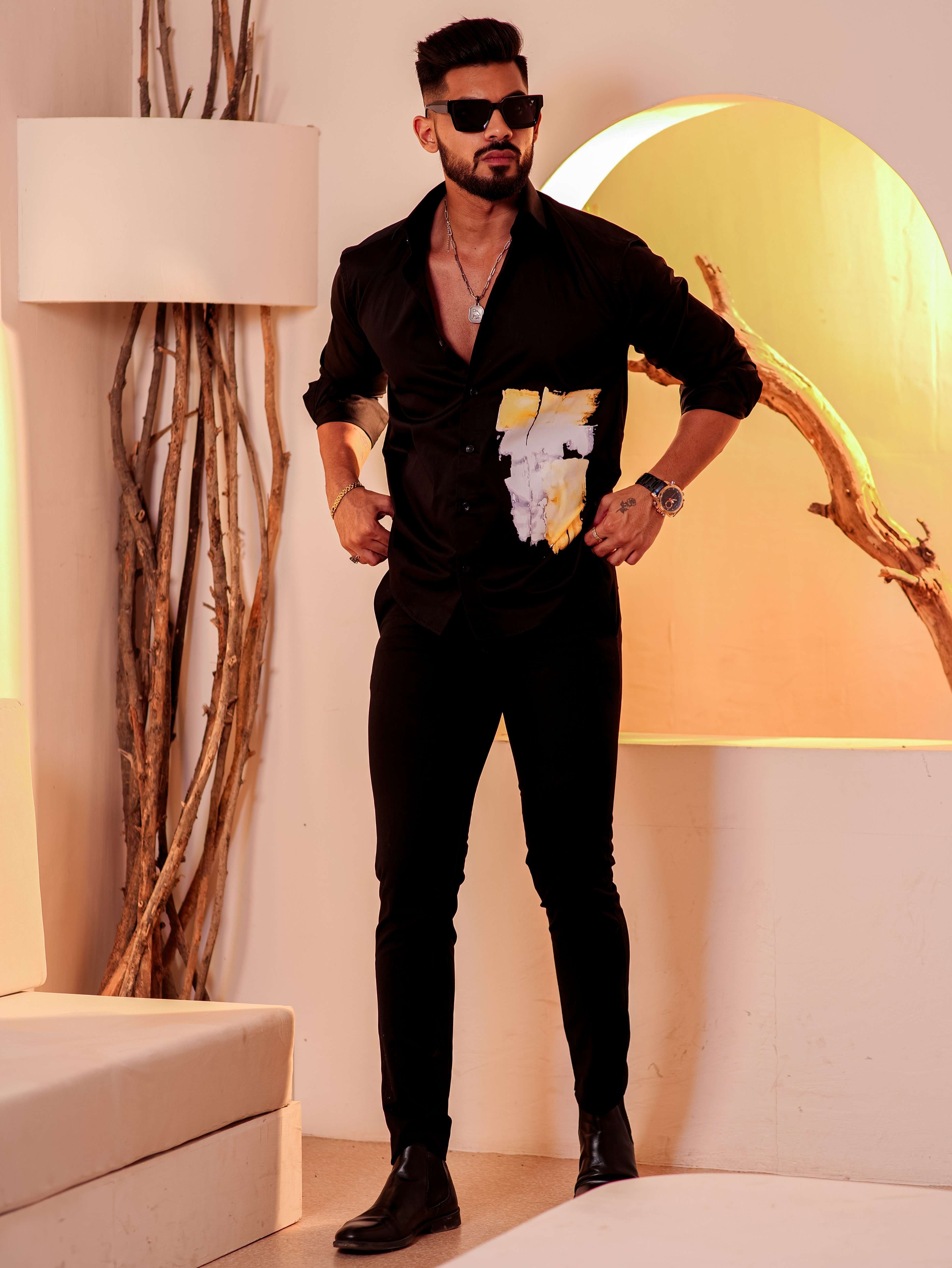 Black Club Wear Printed Satin Cotton Shirt
