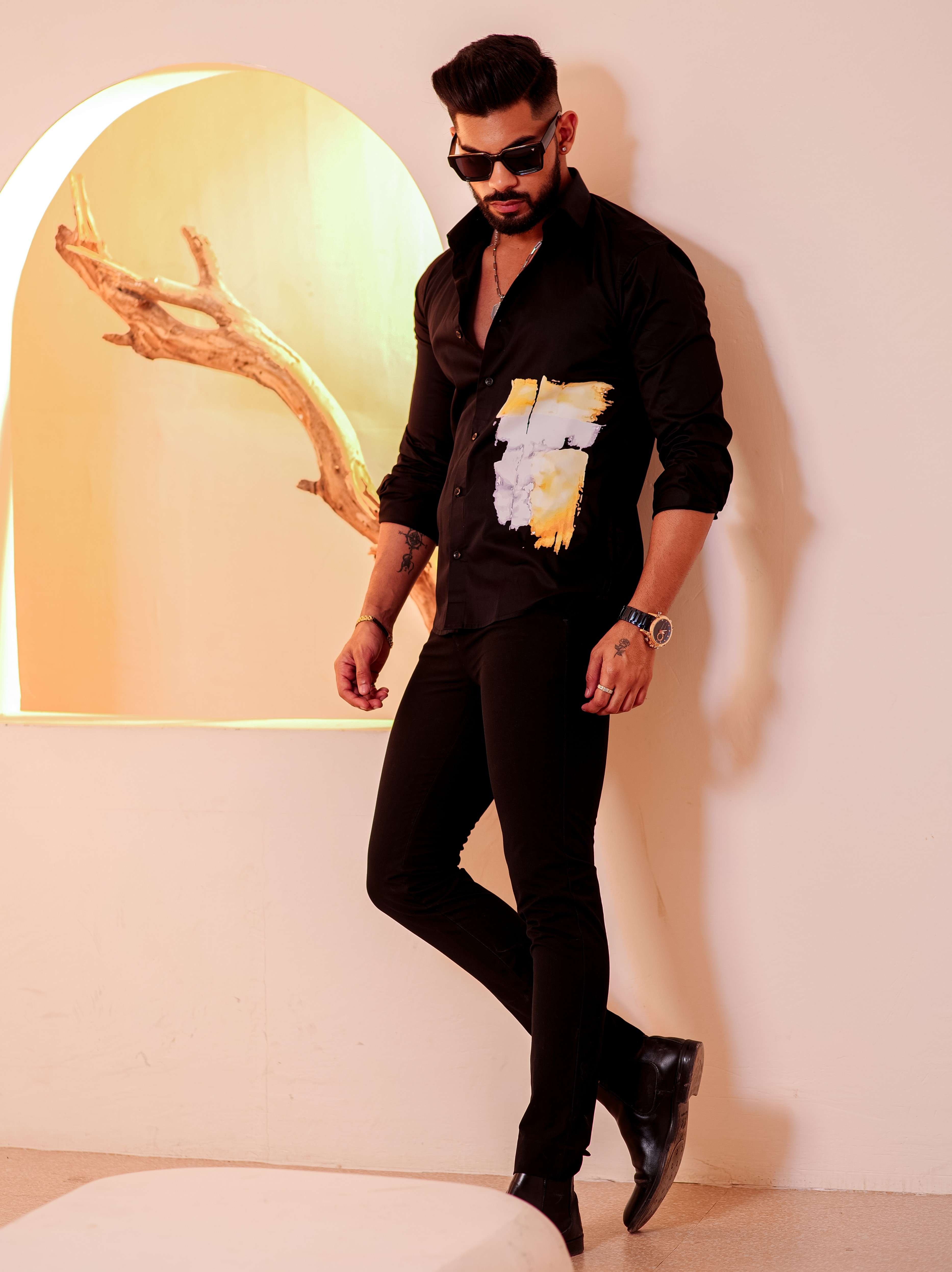 Black Club Wear Printed Satin Cotton Shirt
