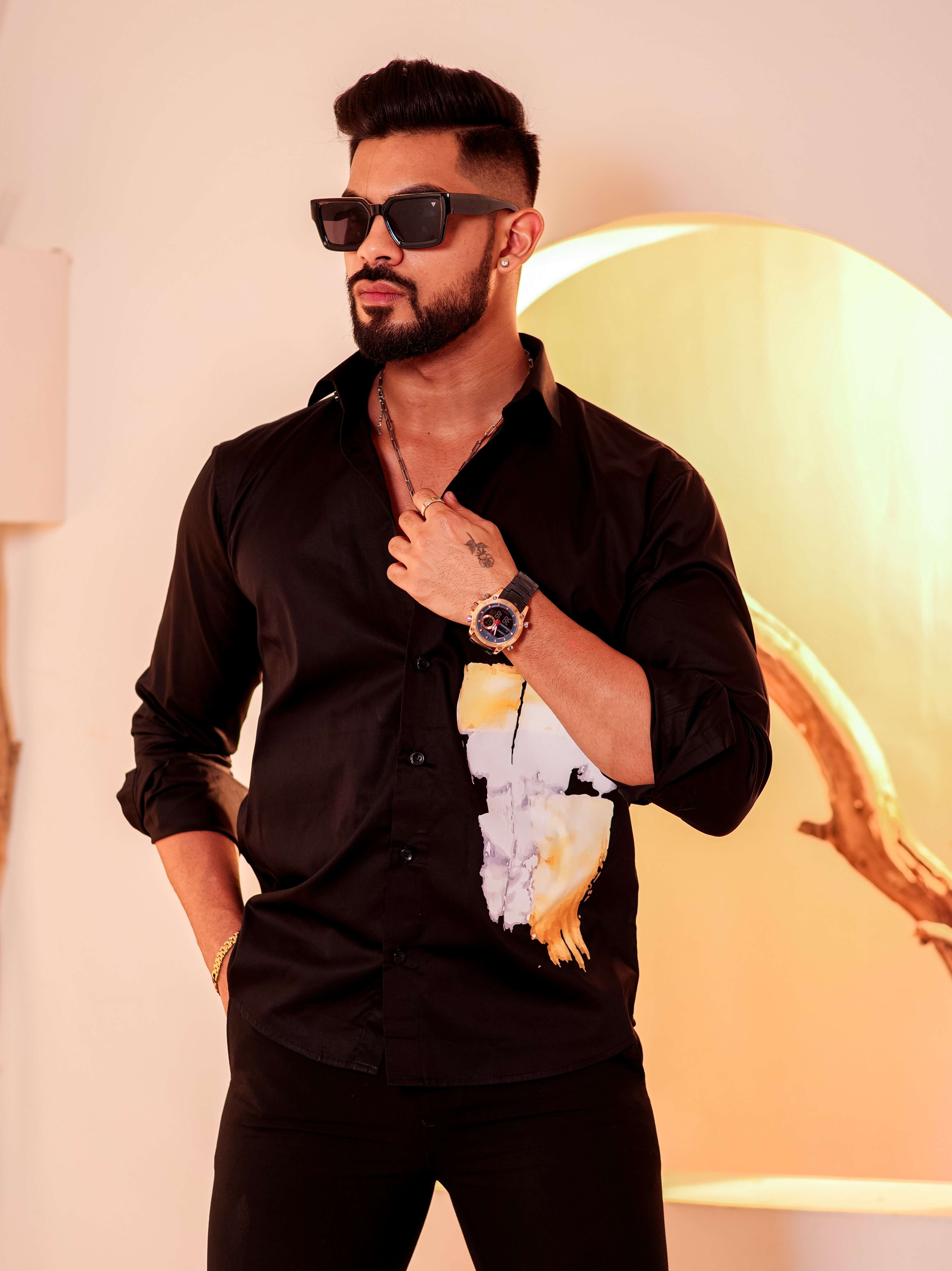 Black Club Wear Printed Satin Cotton Shirt