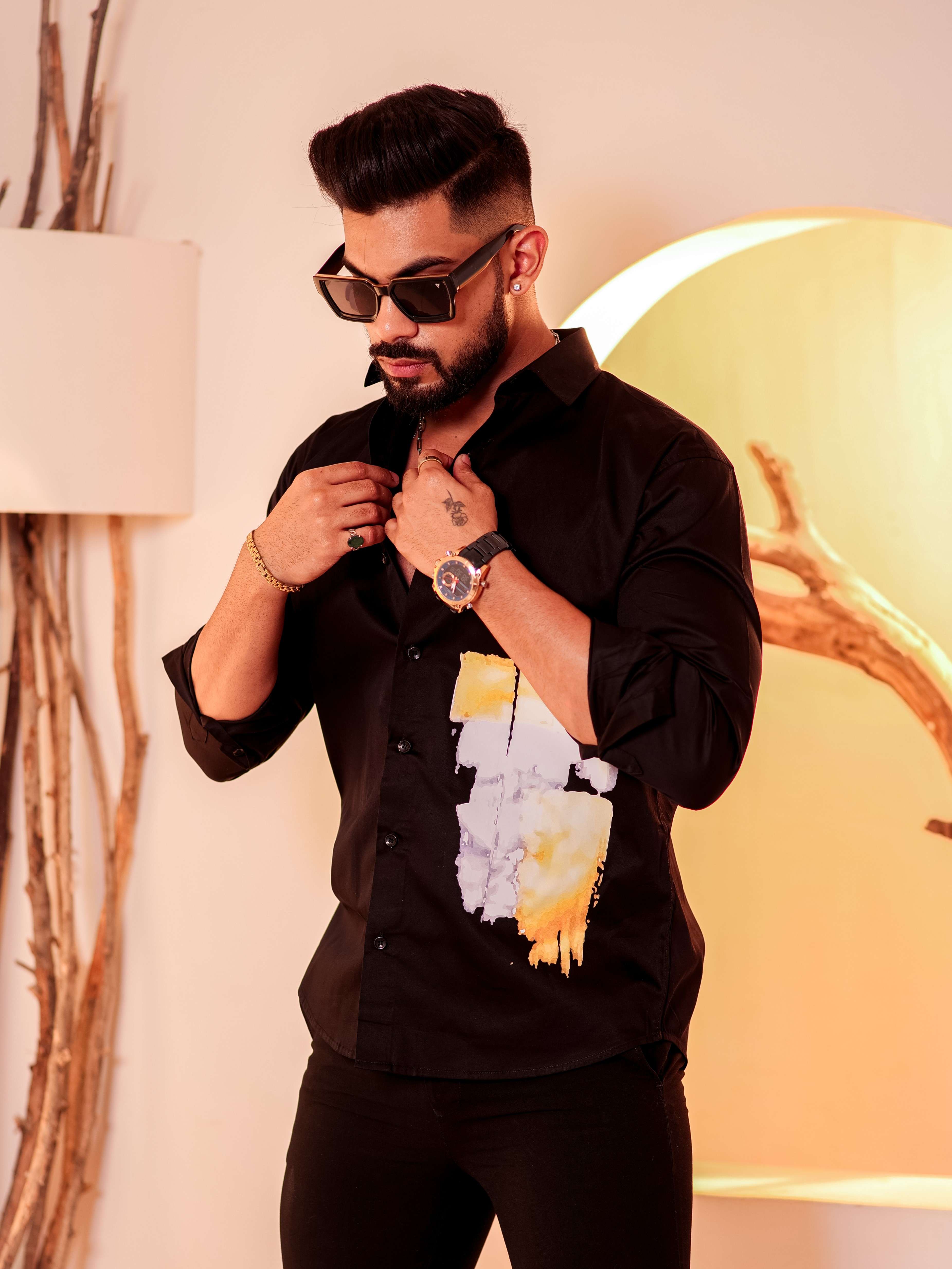 Black Club Wear Printed Satin Cotton Shirt