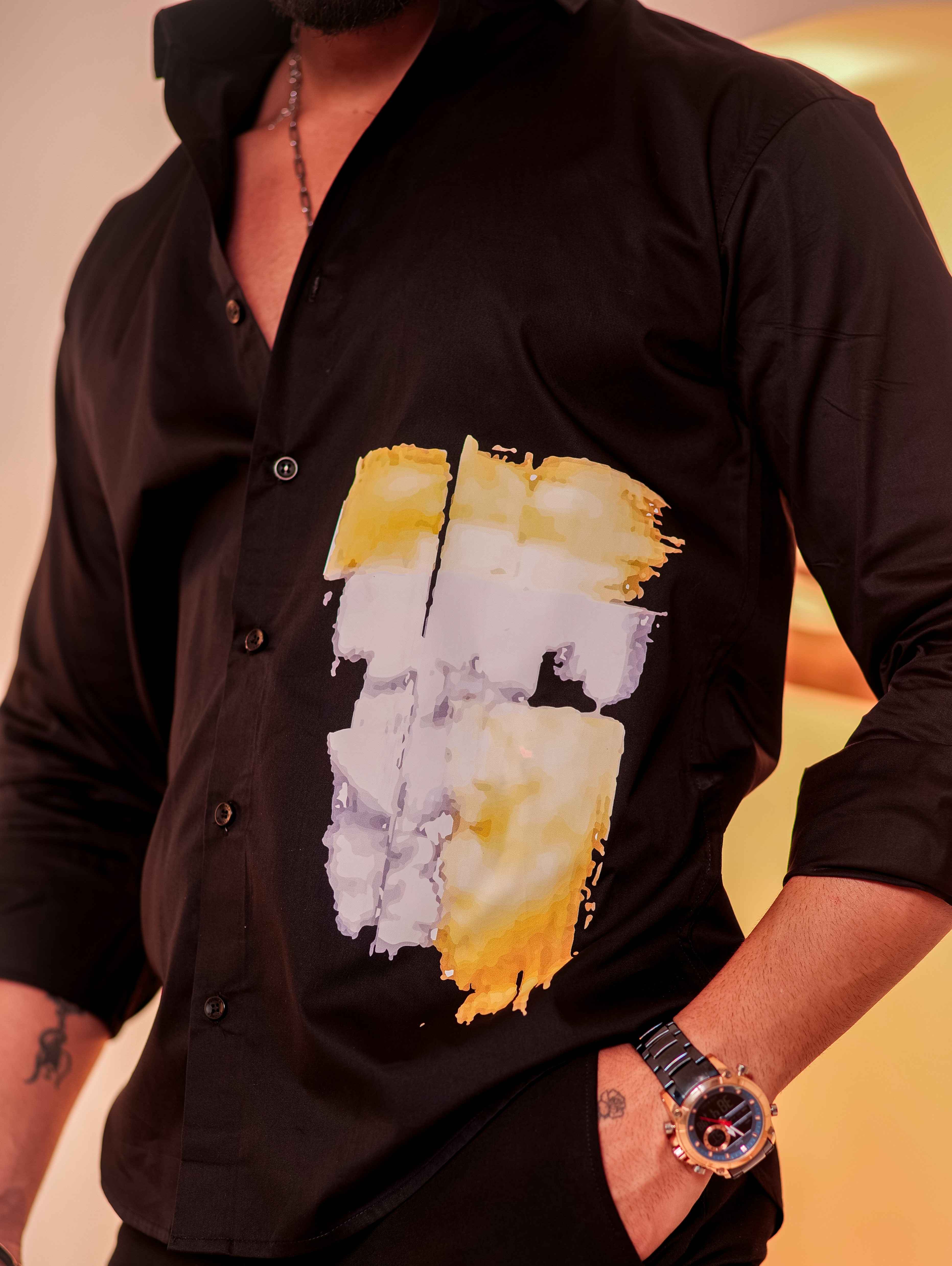 Black Club Wear Printed Satin Cotton Shirt