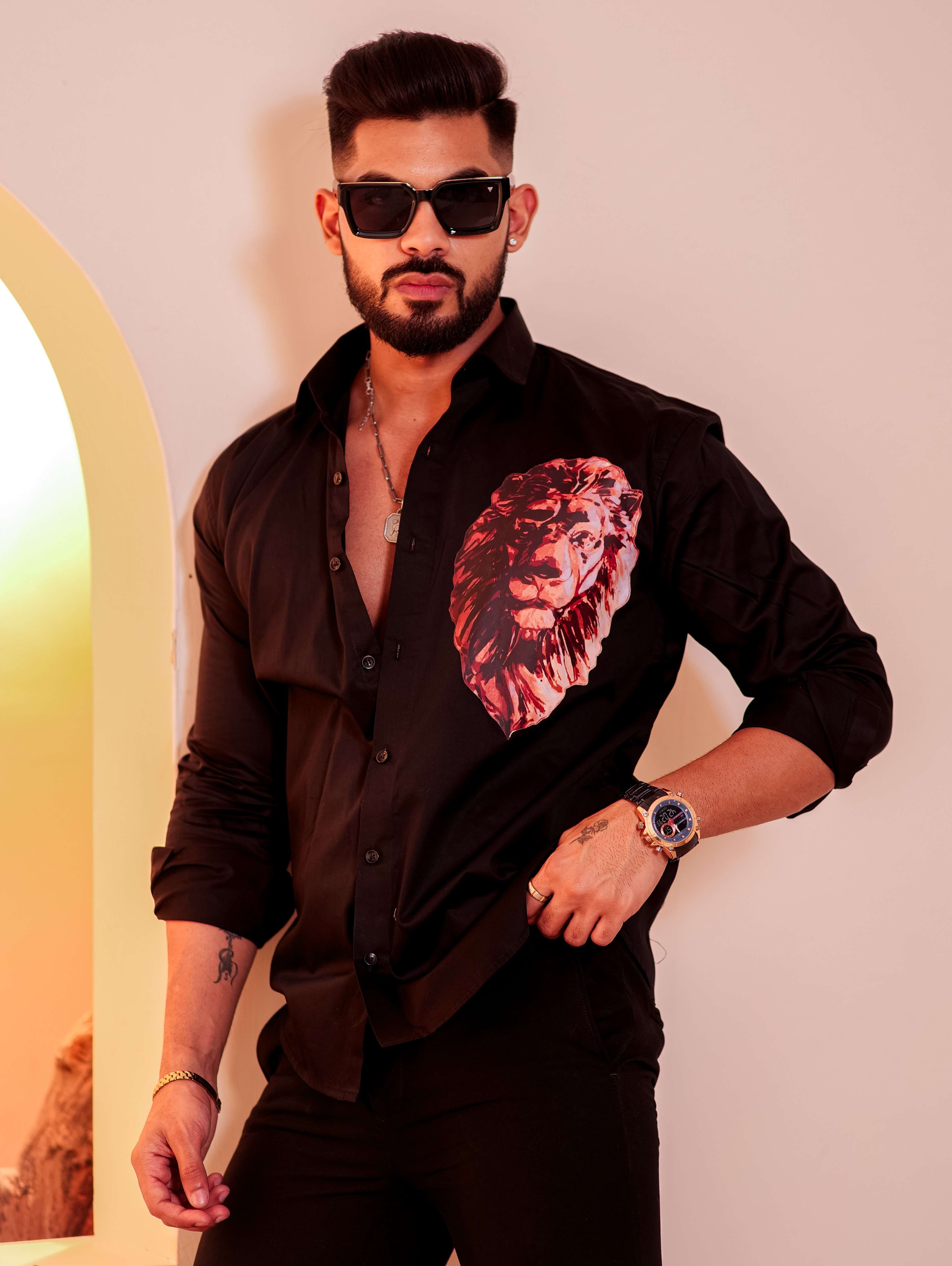 Black Club Wear Lion Printed Satin Cotton Shirt