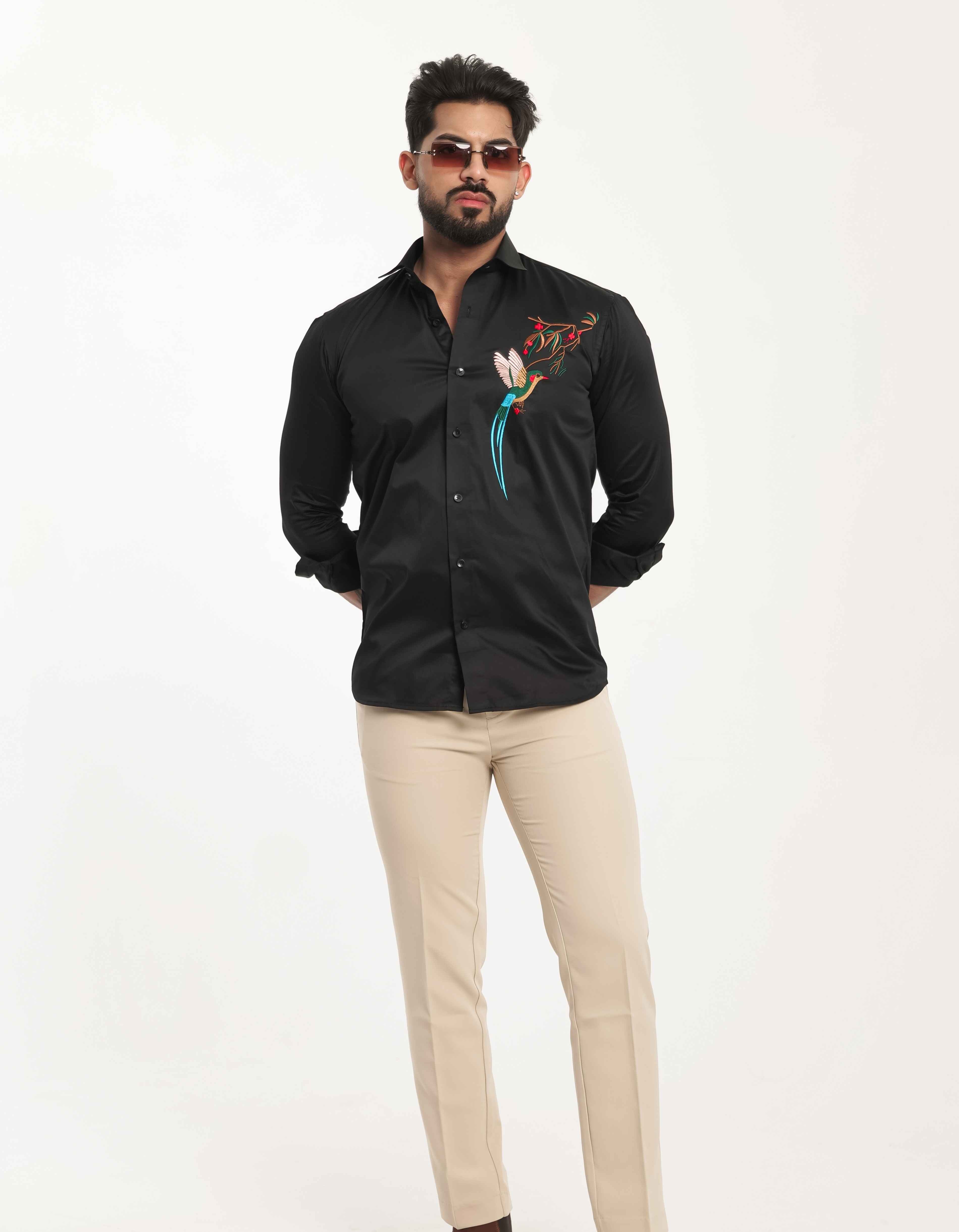 FOOMER BLACK BIRD EMBROIDERED DESIGNER WEAR SATIN COTTON SHIRT