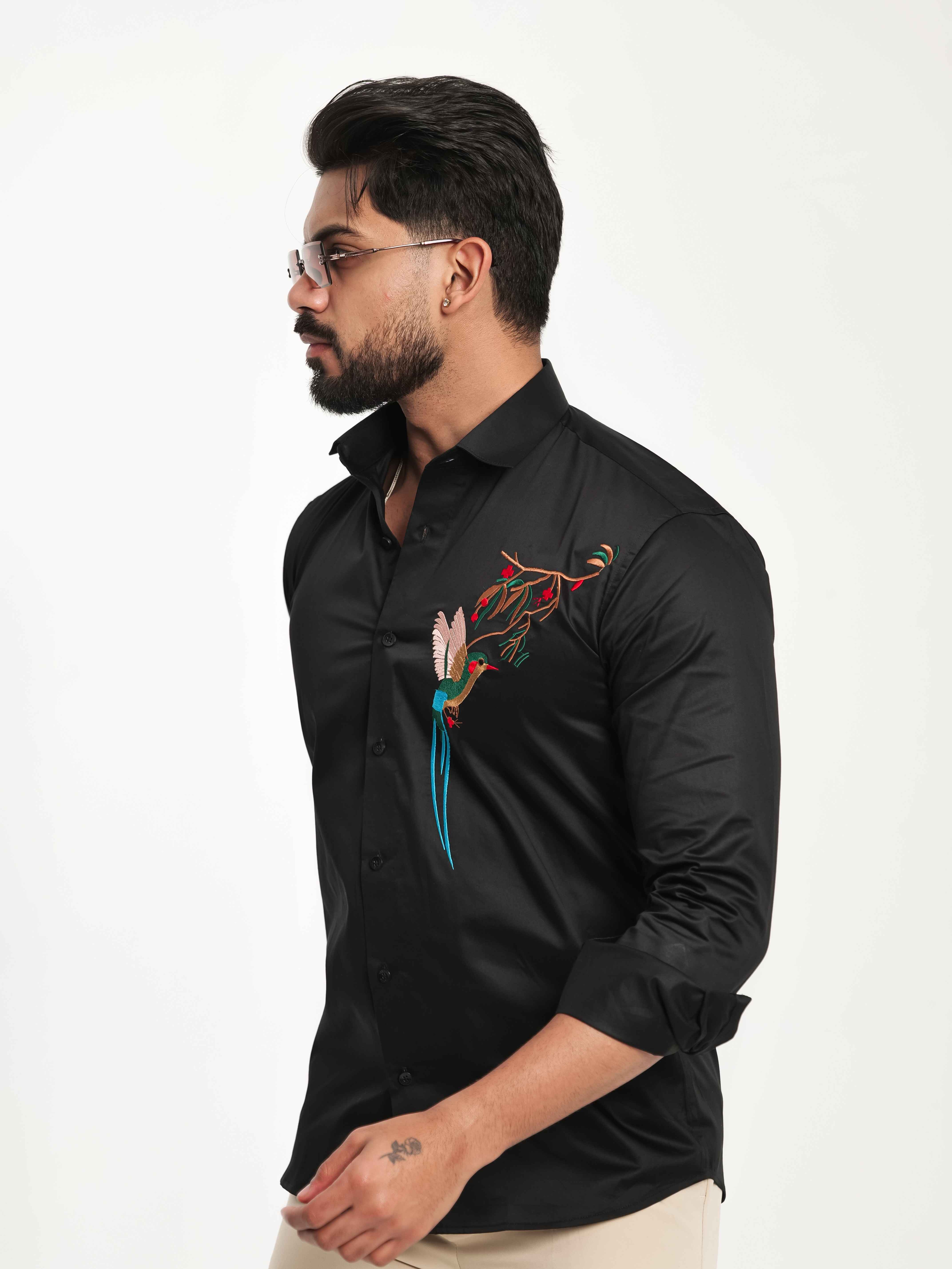 FOOMER BLACK BIRD EMBROIDERED DESIGNER WEAR SATIN COTTON SHIRT
