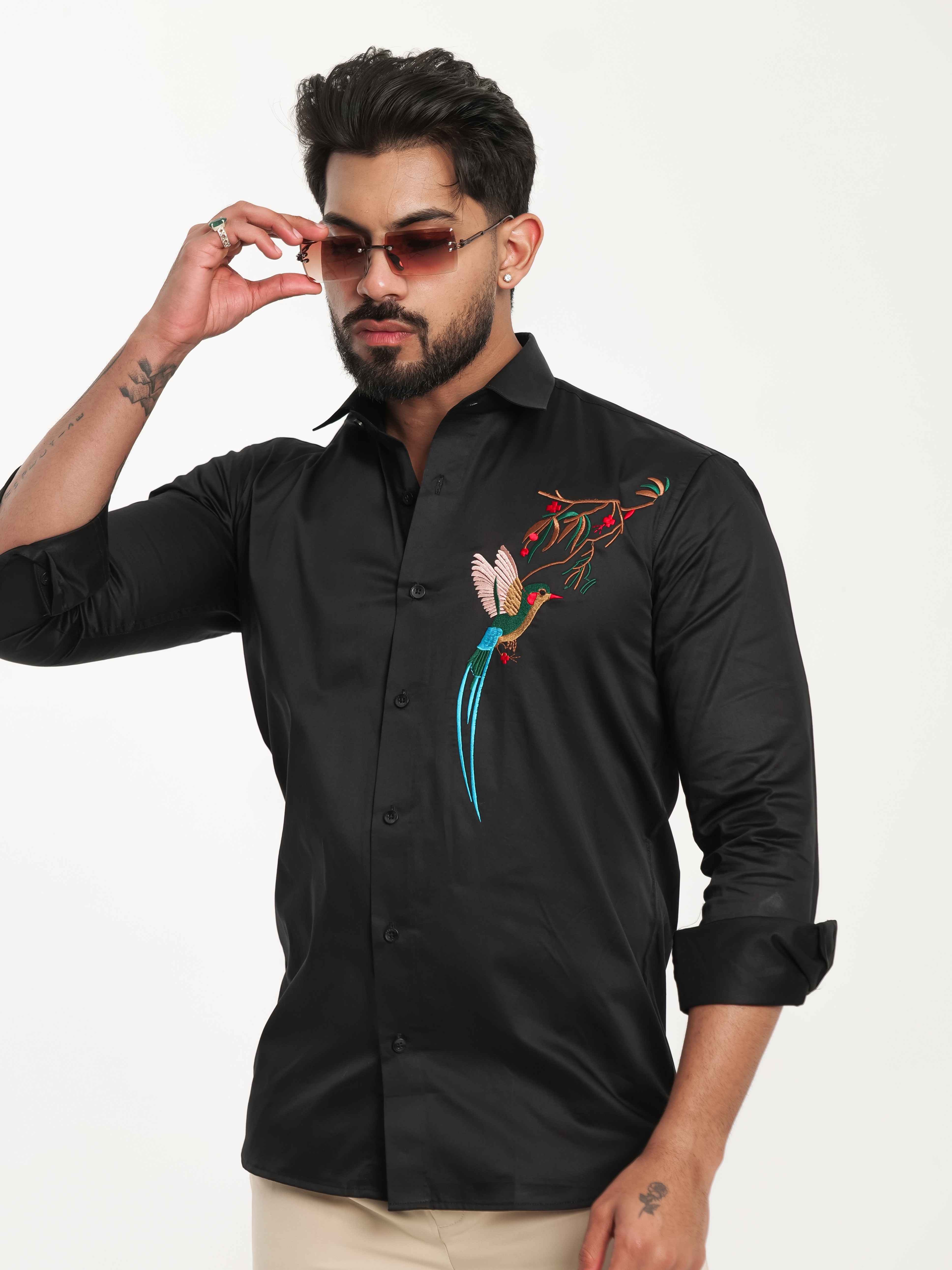 FOOMER BLACK BIRD EMBROIDERED DESIGNER WEAR SATIN COTTON SHIRT