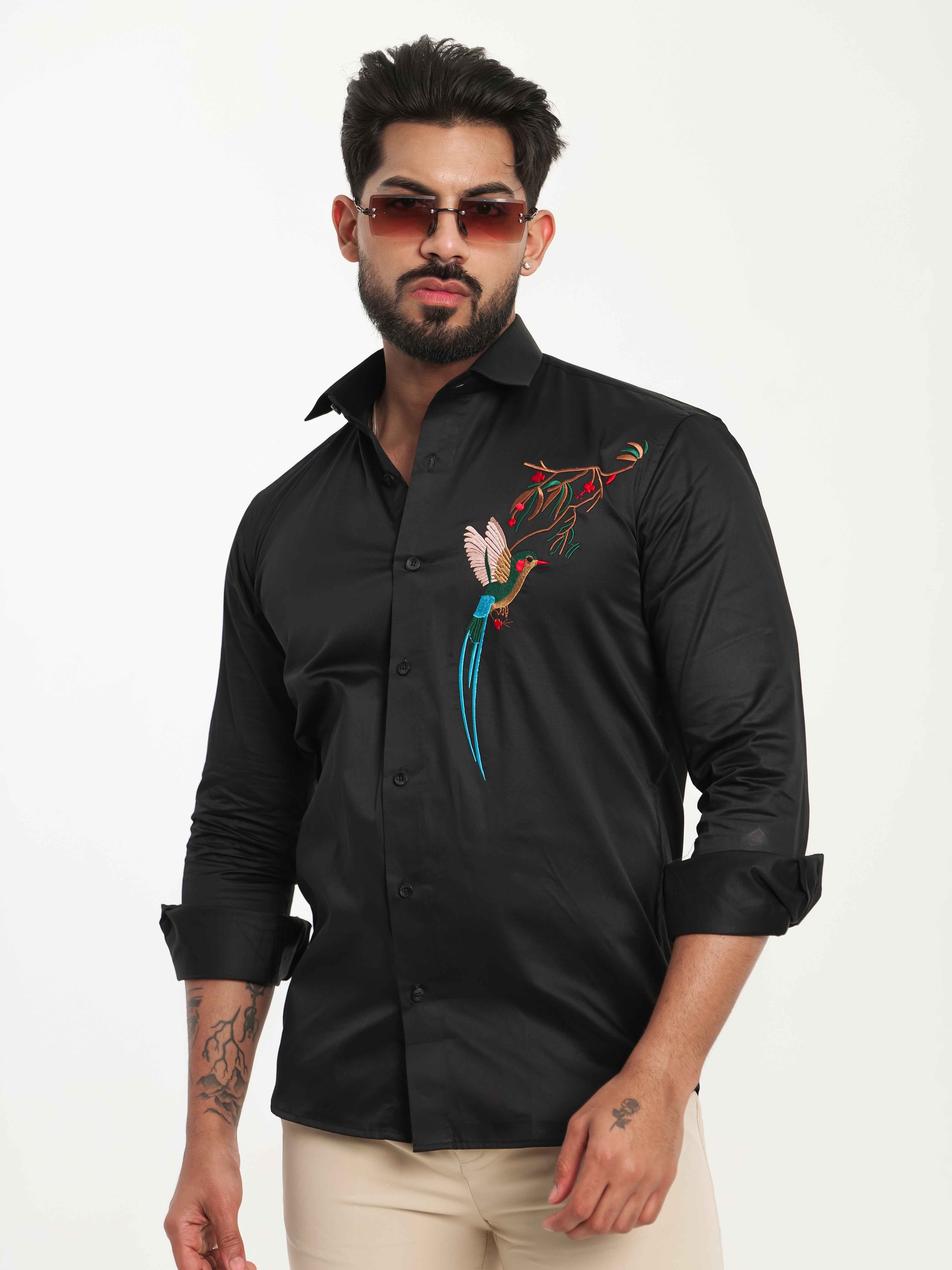 FOOMER BLACK BIRD EMBROIDERED DESIGNER WEAR SATIN COTTON SHIRT