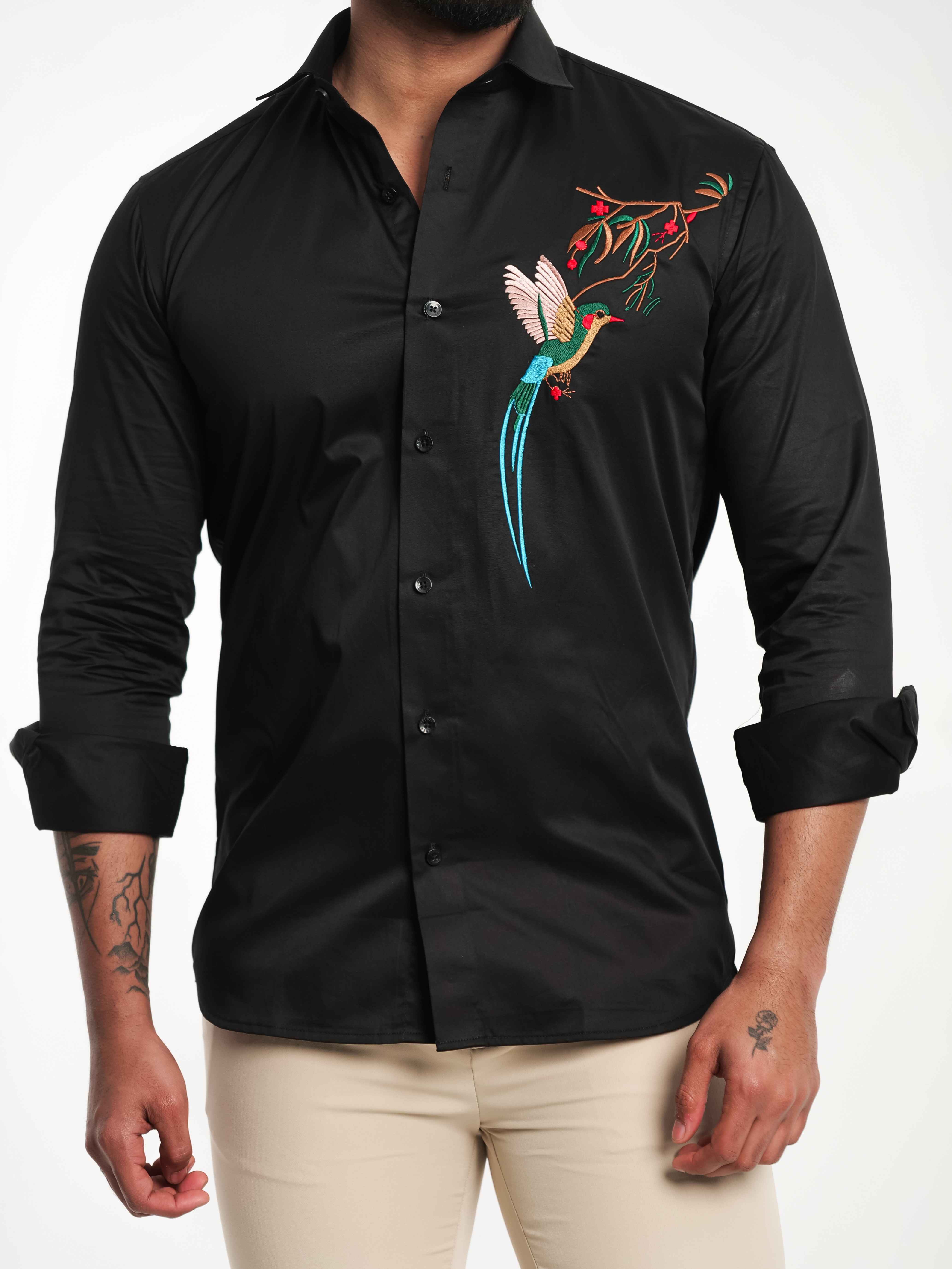 FOOMER BLACK BIRD EMBROIDERED DESIGNER WEAR SATIN COTTON SHIRT