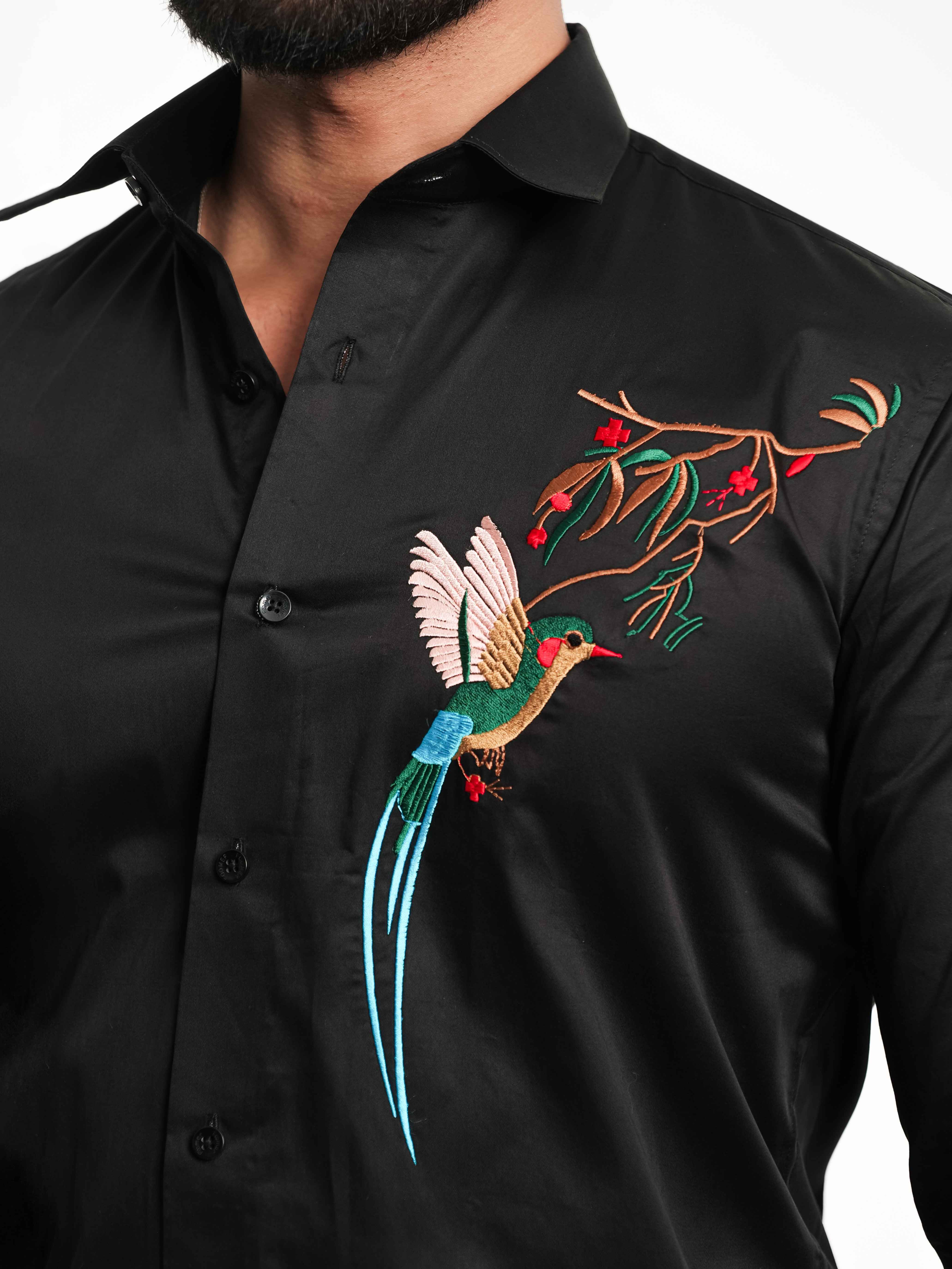 FOOMER BLACK BIRD EMBROIDERED DESIGNER WEAR SATIN COTTON SHIRT