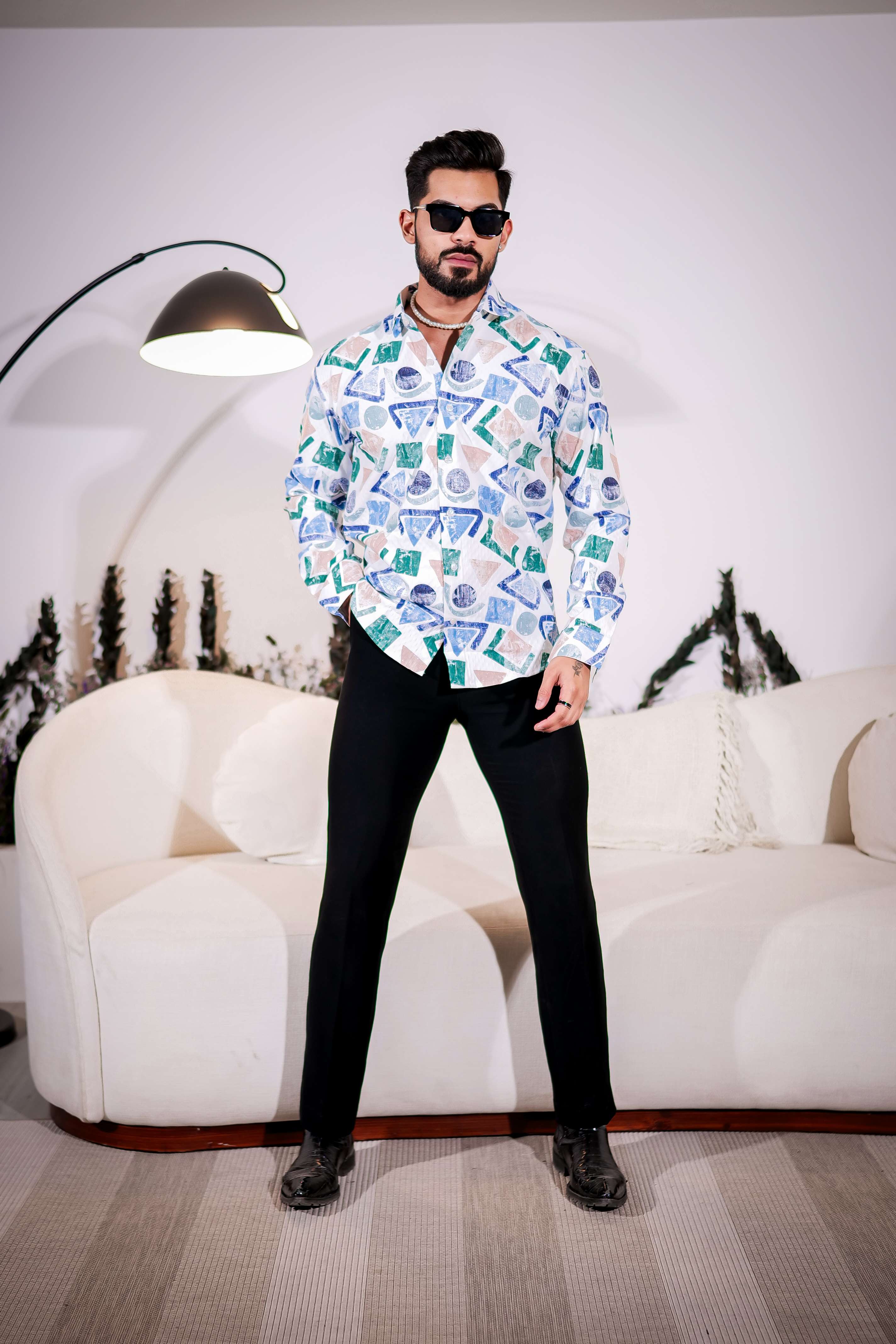 White Multicolor Giza cotton print premium shirt