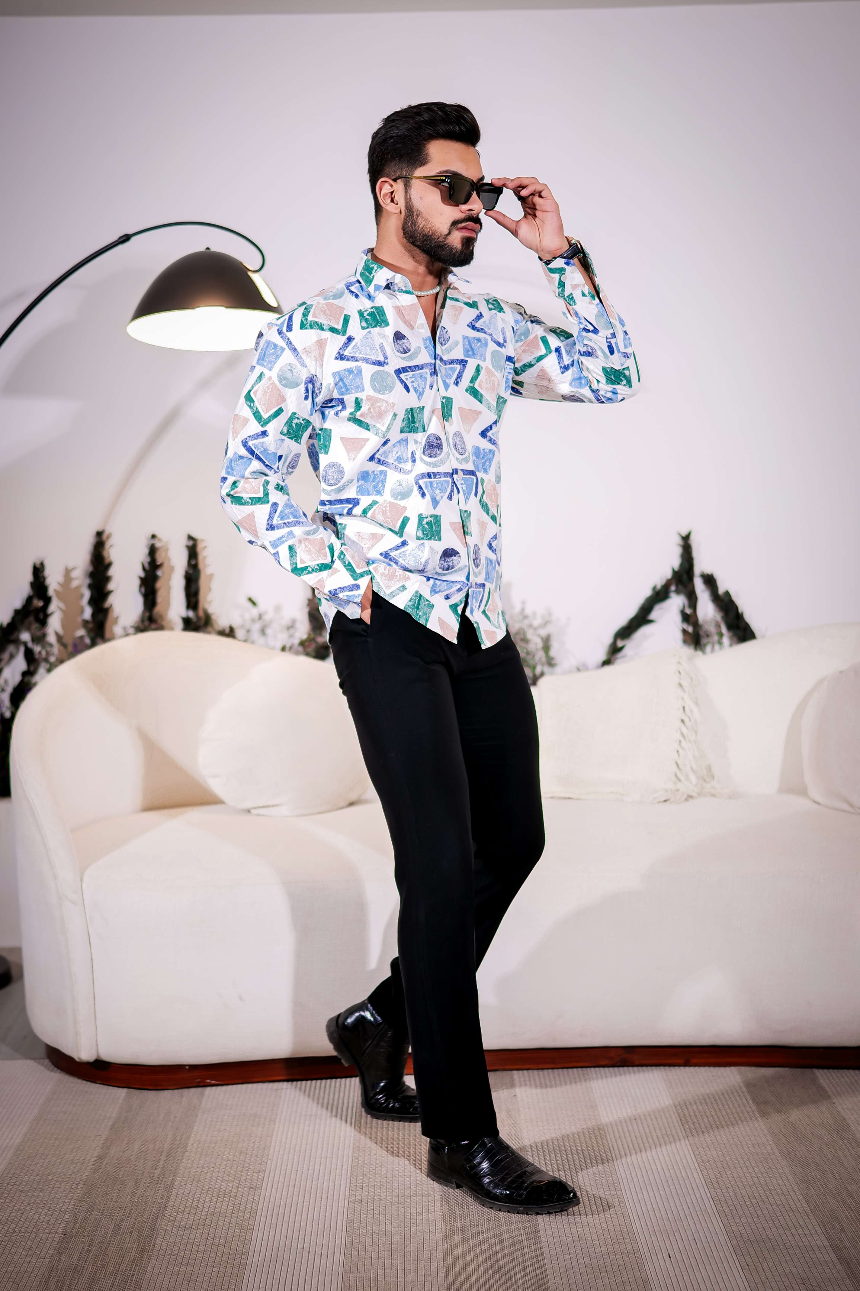 White Multicolor Giza cotton print premium shirt
