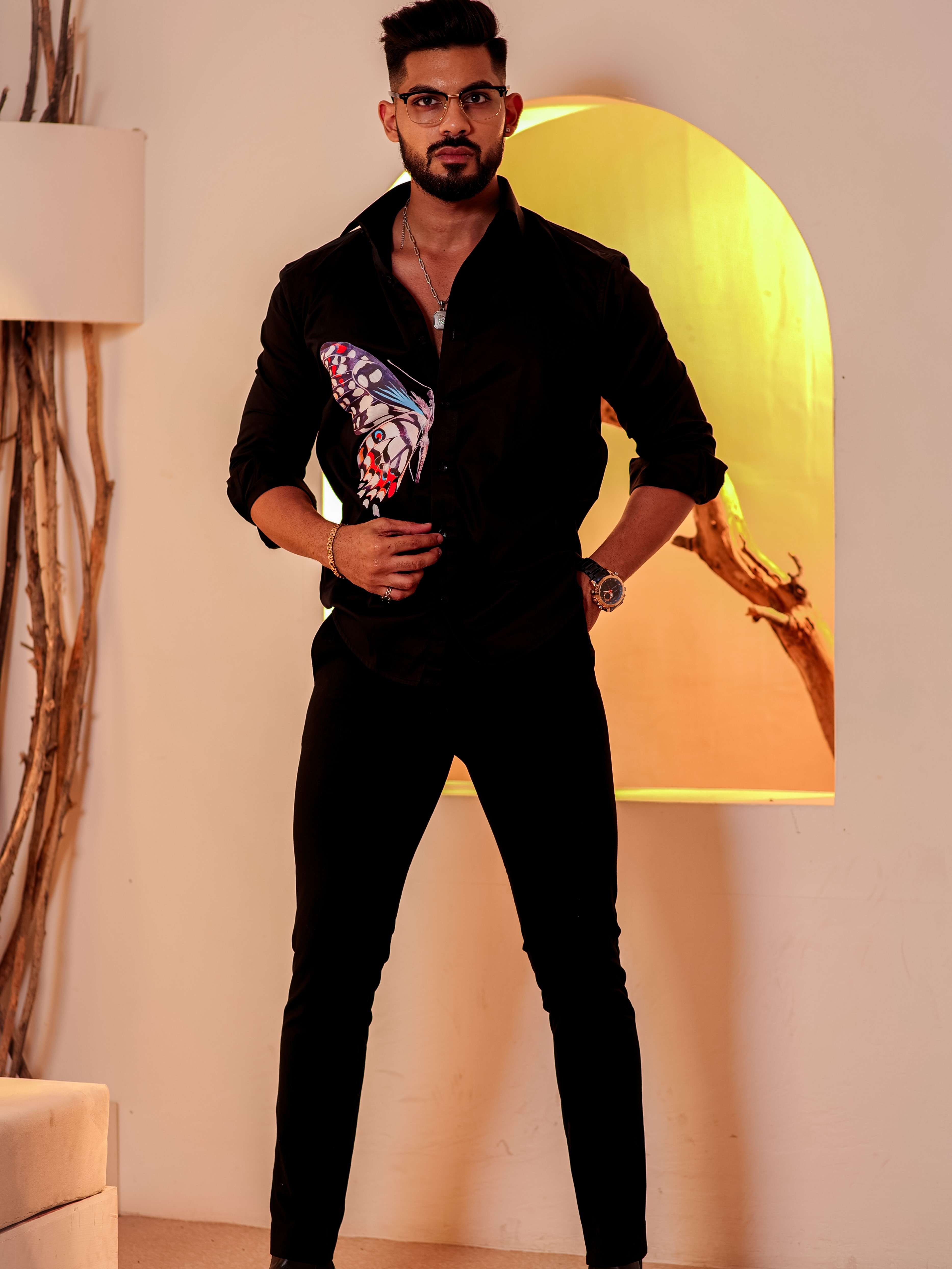 Black Club Wear Printed Satin Cotton Shirt