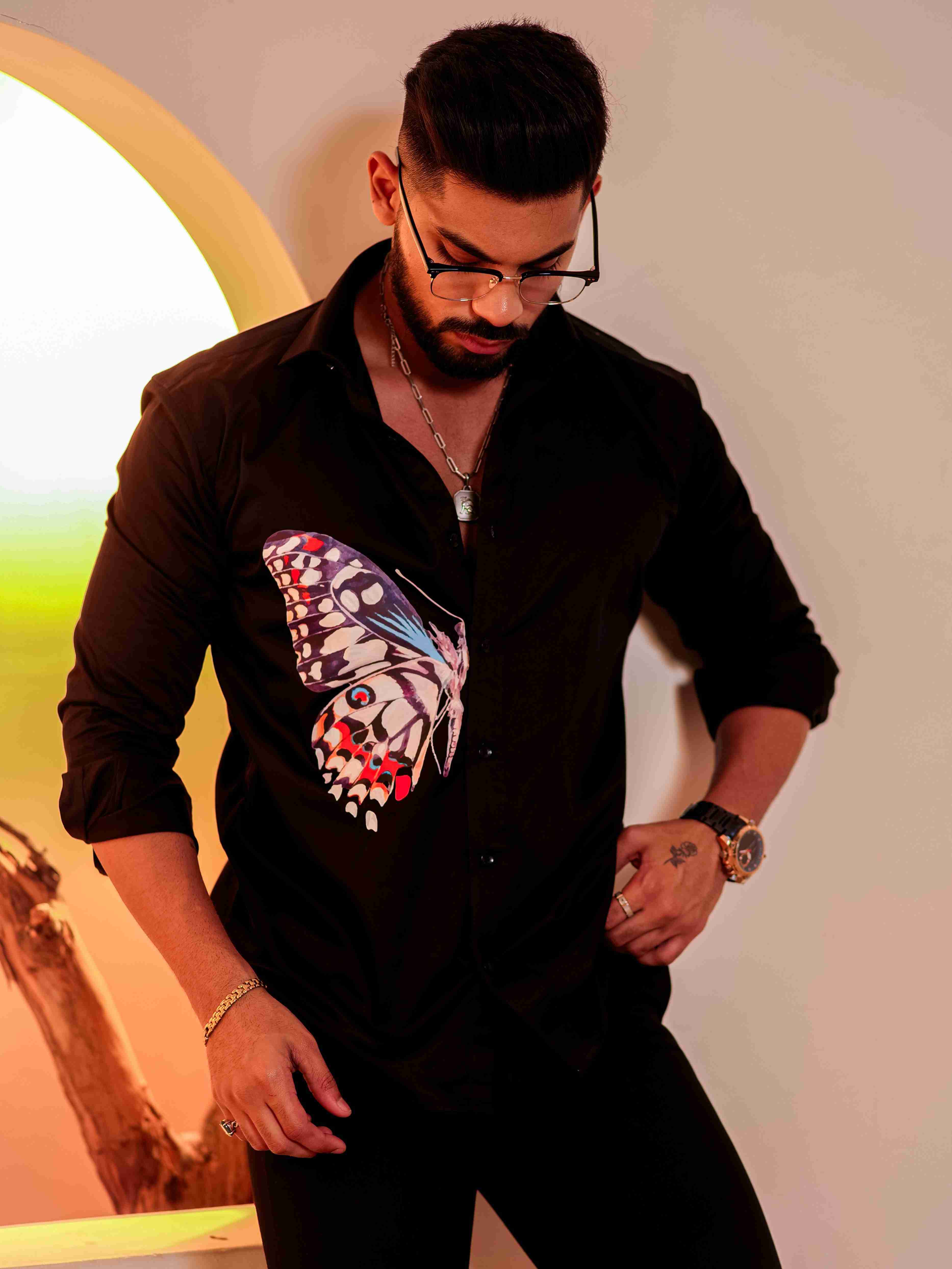 Black Club Wear Printed Satin Cotton Shirt