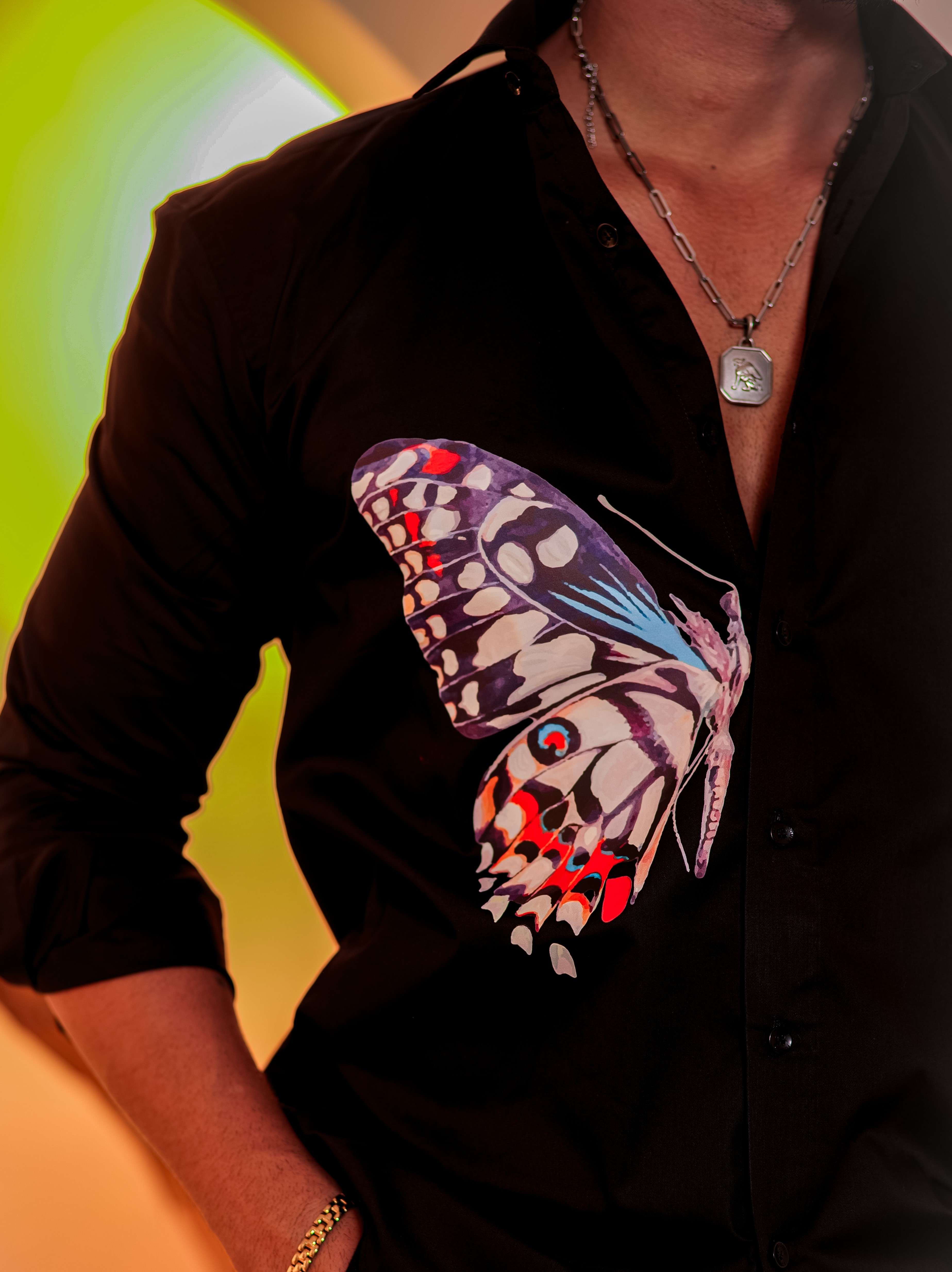 Black Club Wear Printed Satin Cotton Shirt