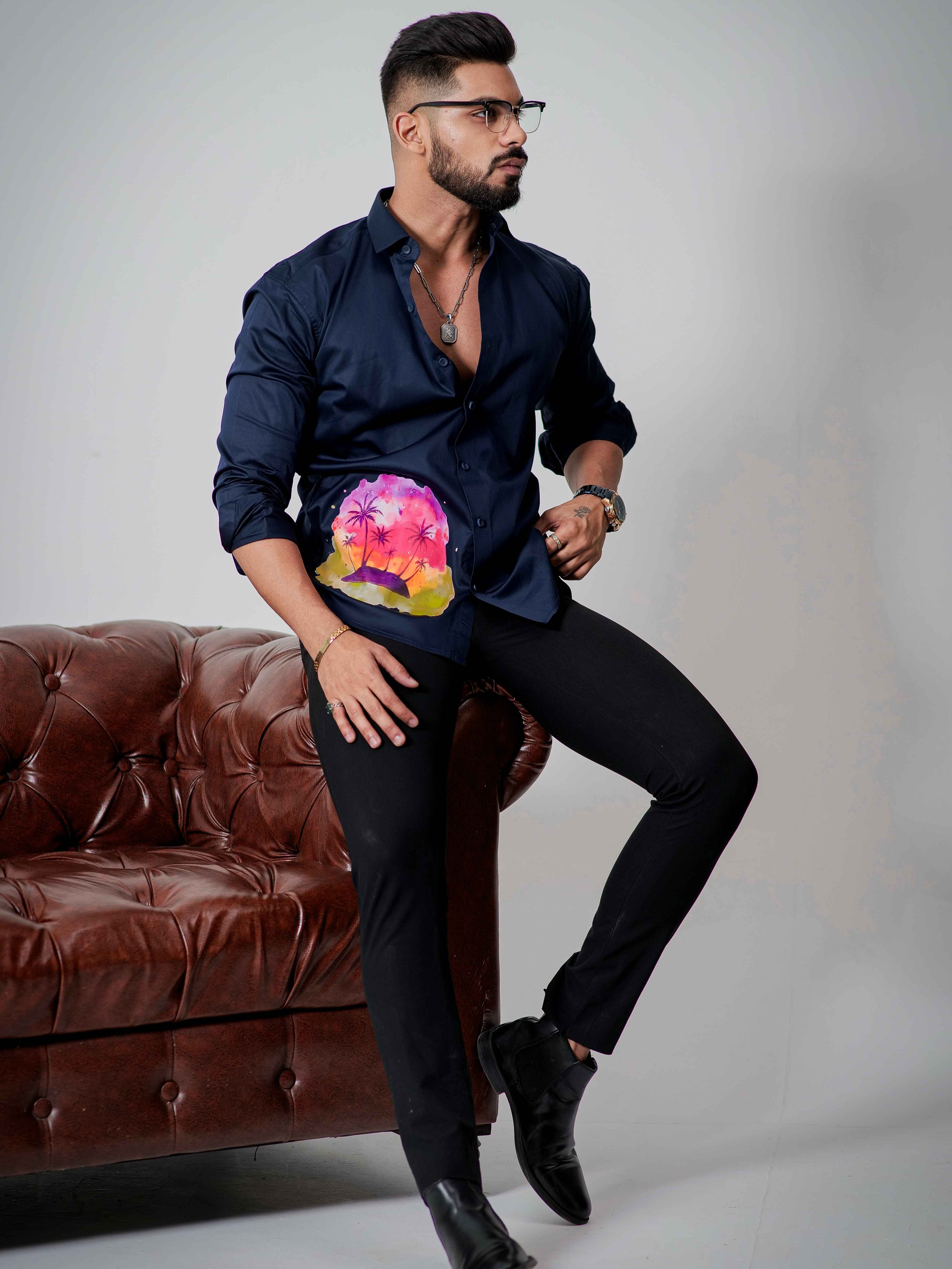 Blue Club Wear Printed Satin Cotton Shirt