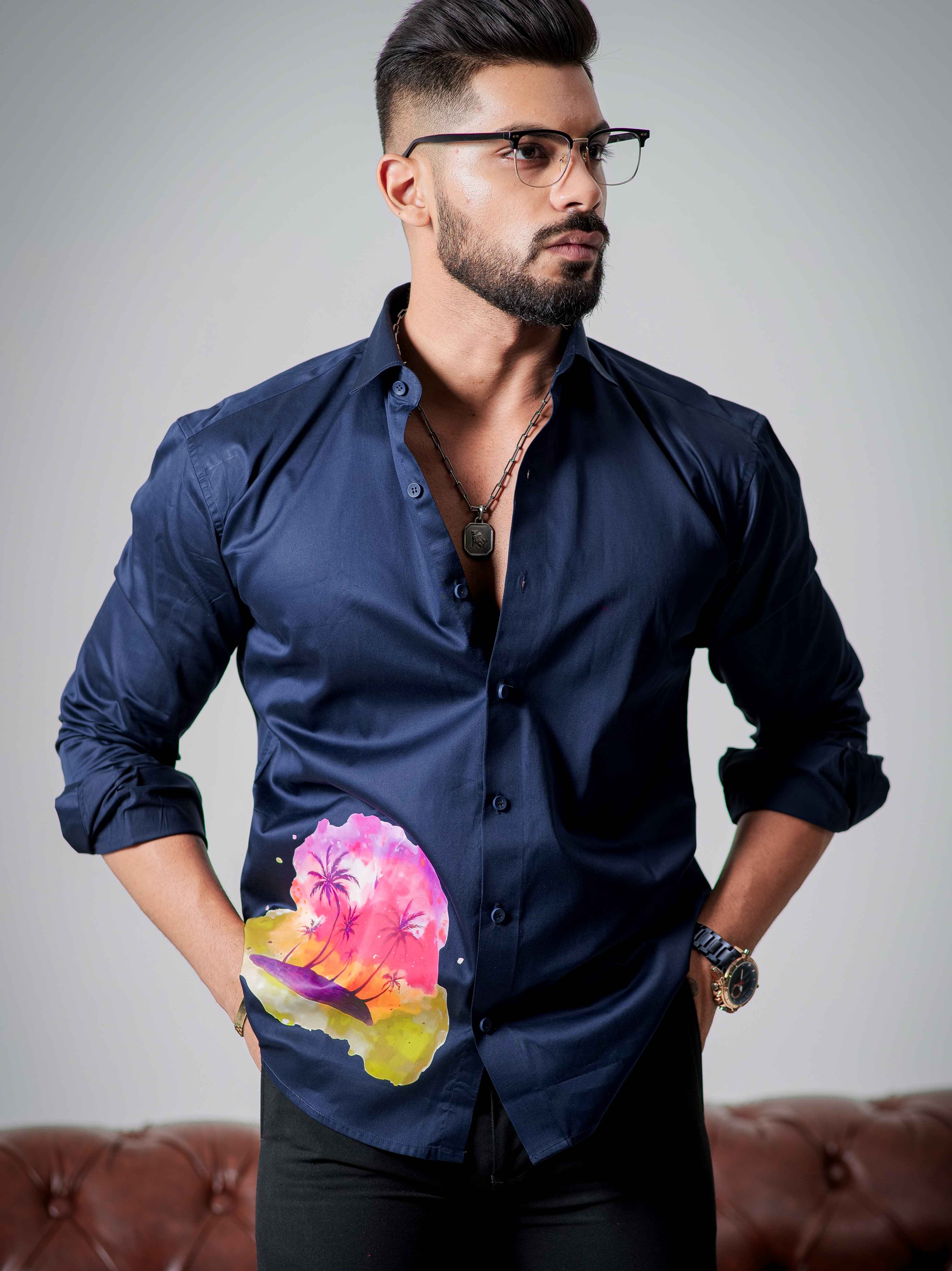 Blue Club Wear Printed Satin Cotton Shirt