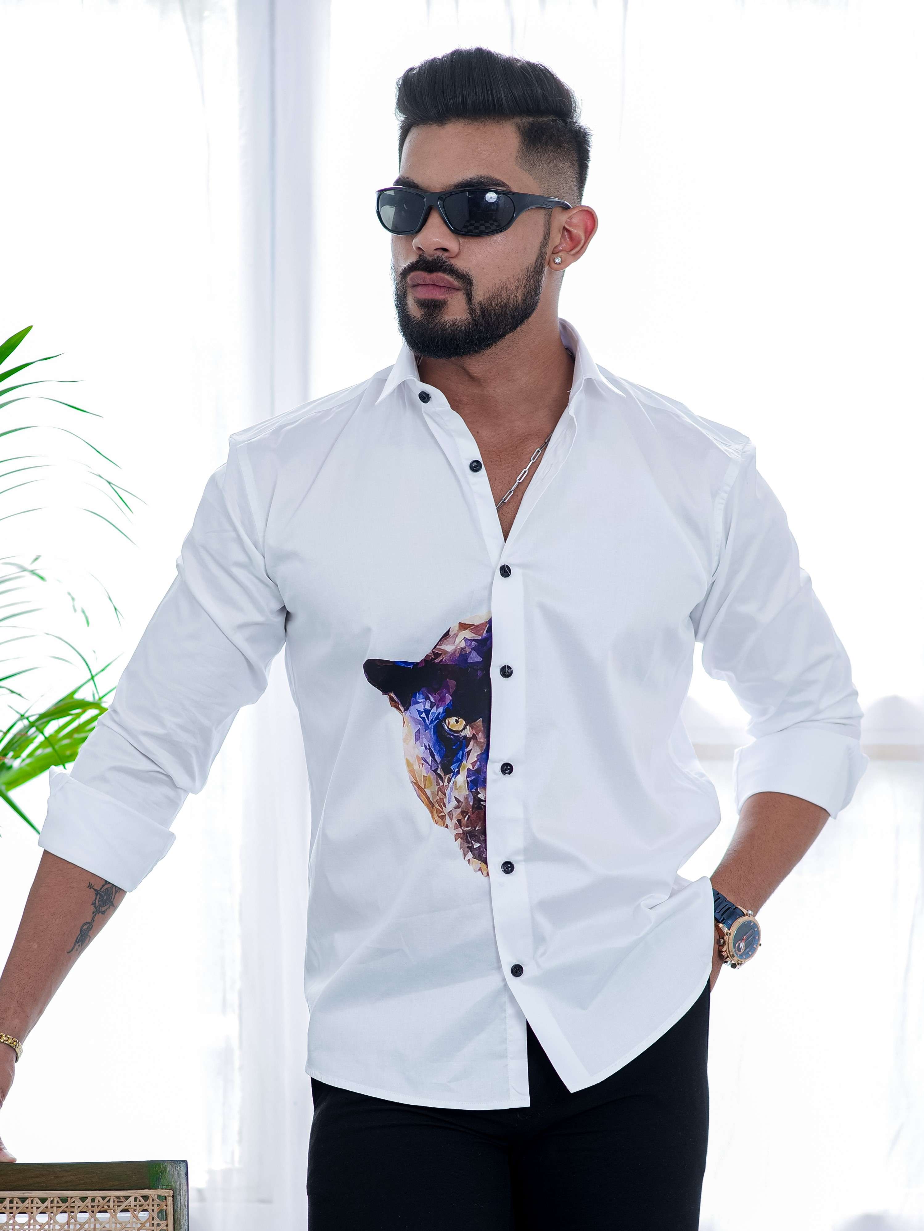 White Club Wear Printed Satin Cotton Shirt