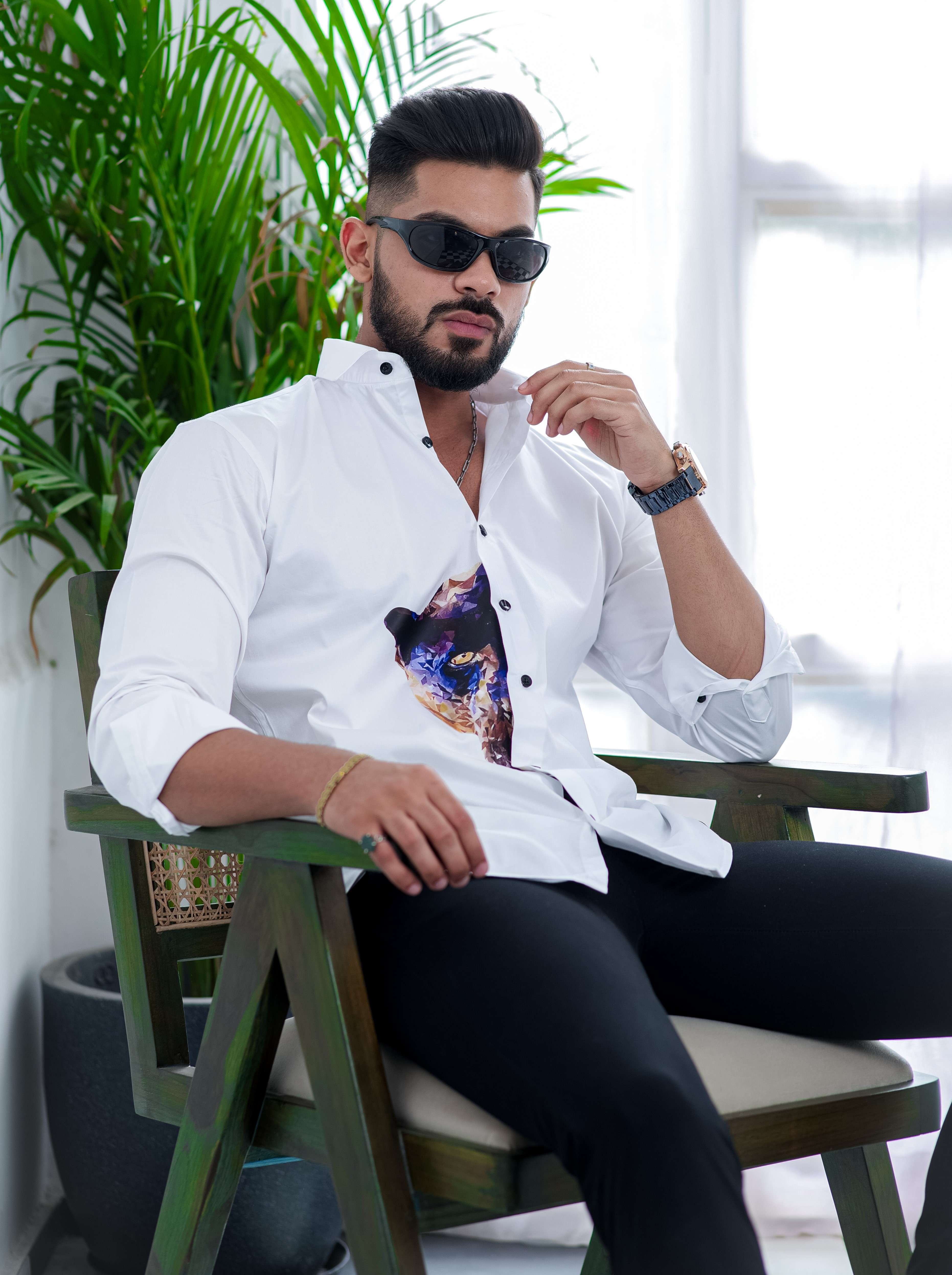 White Club Wear Printed Satin Cotton Shirt