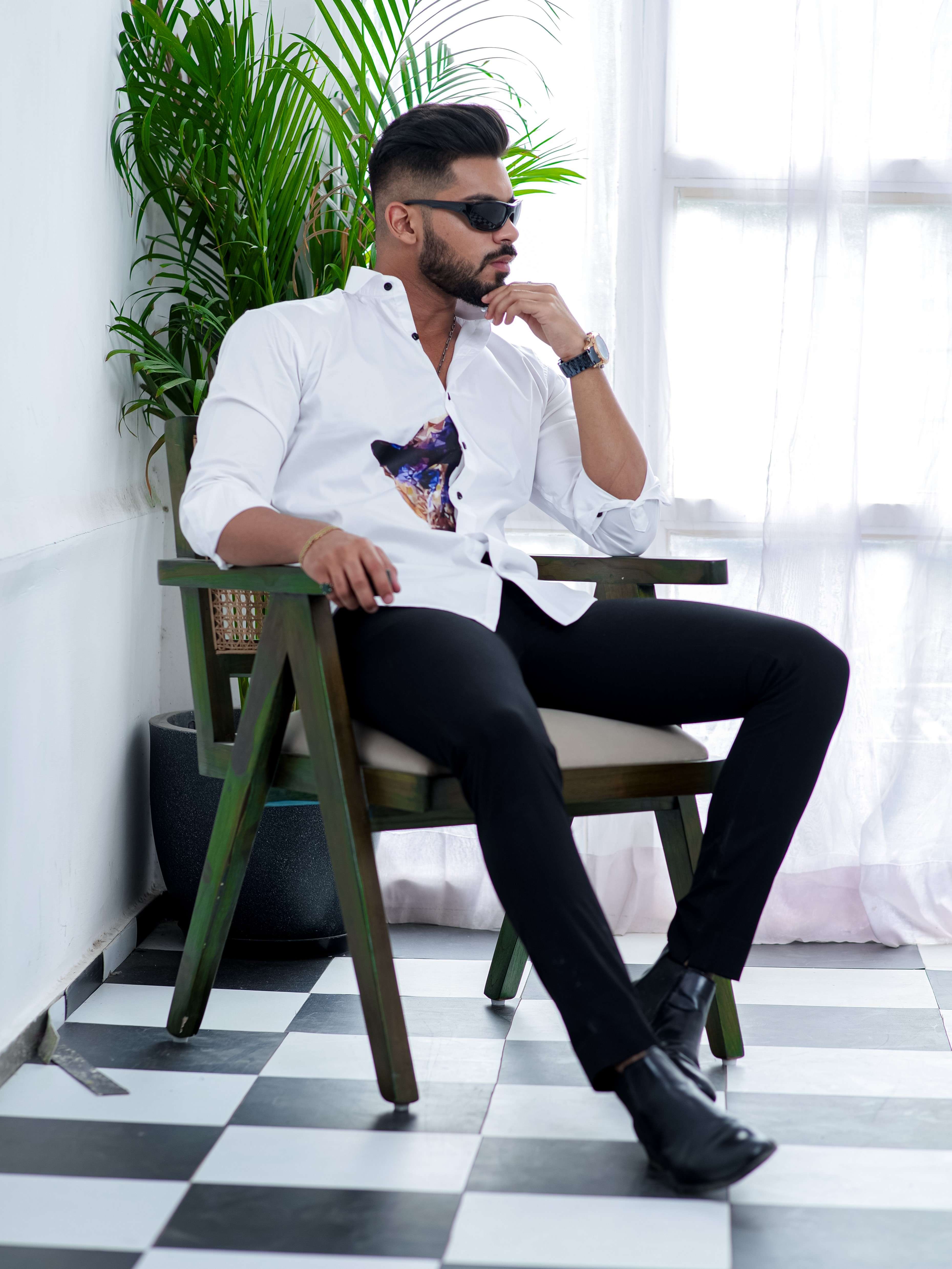 White Club Wear Printed Satin Cotton Shirt