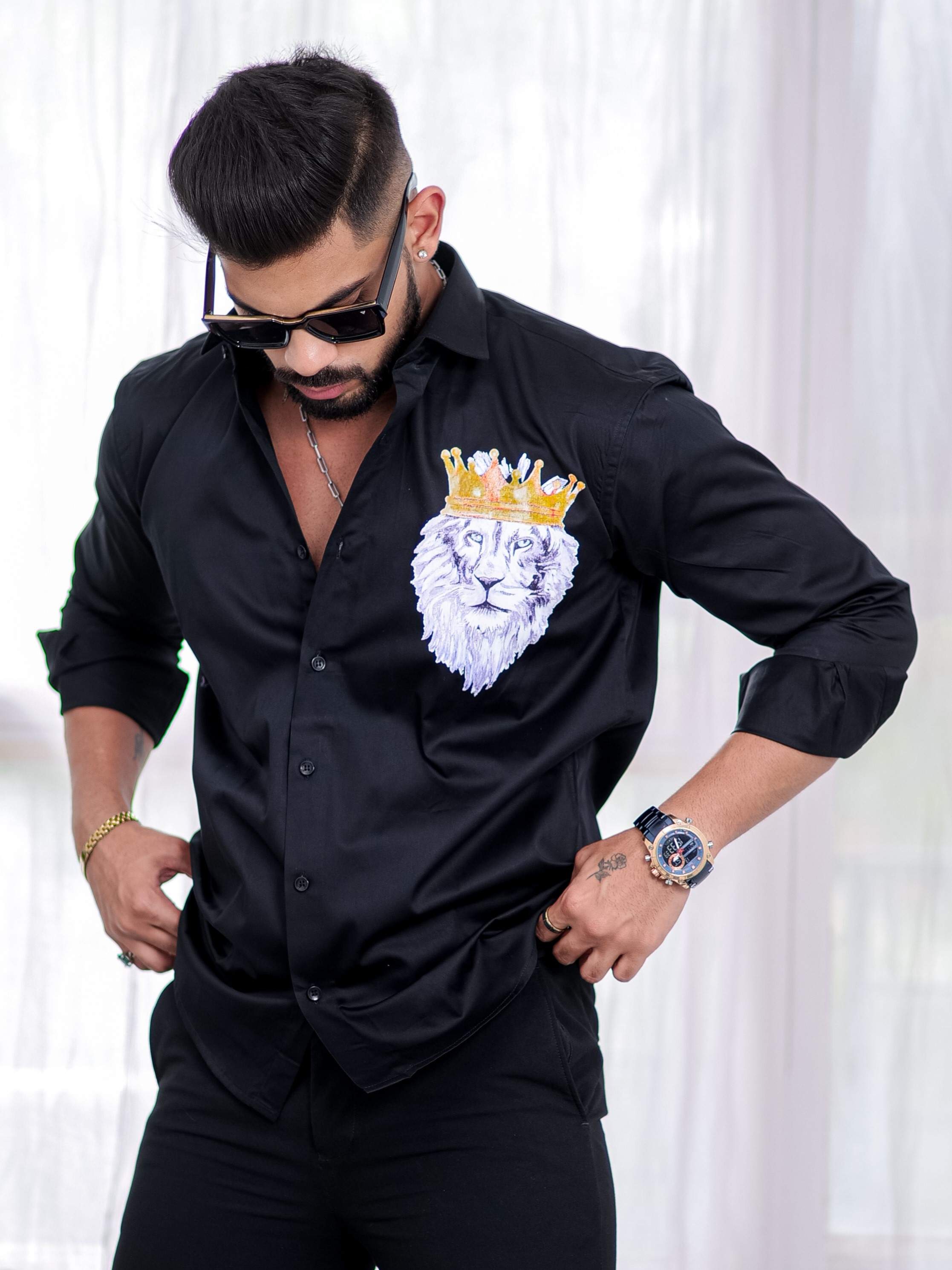 Black Club Wear Printed Satin Cotton Shirt