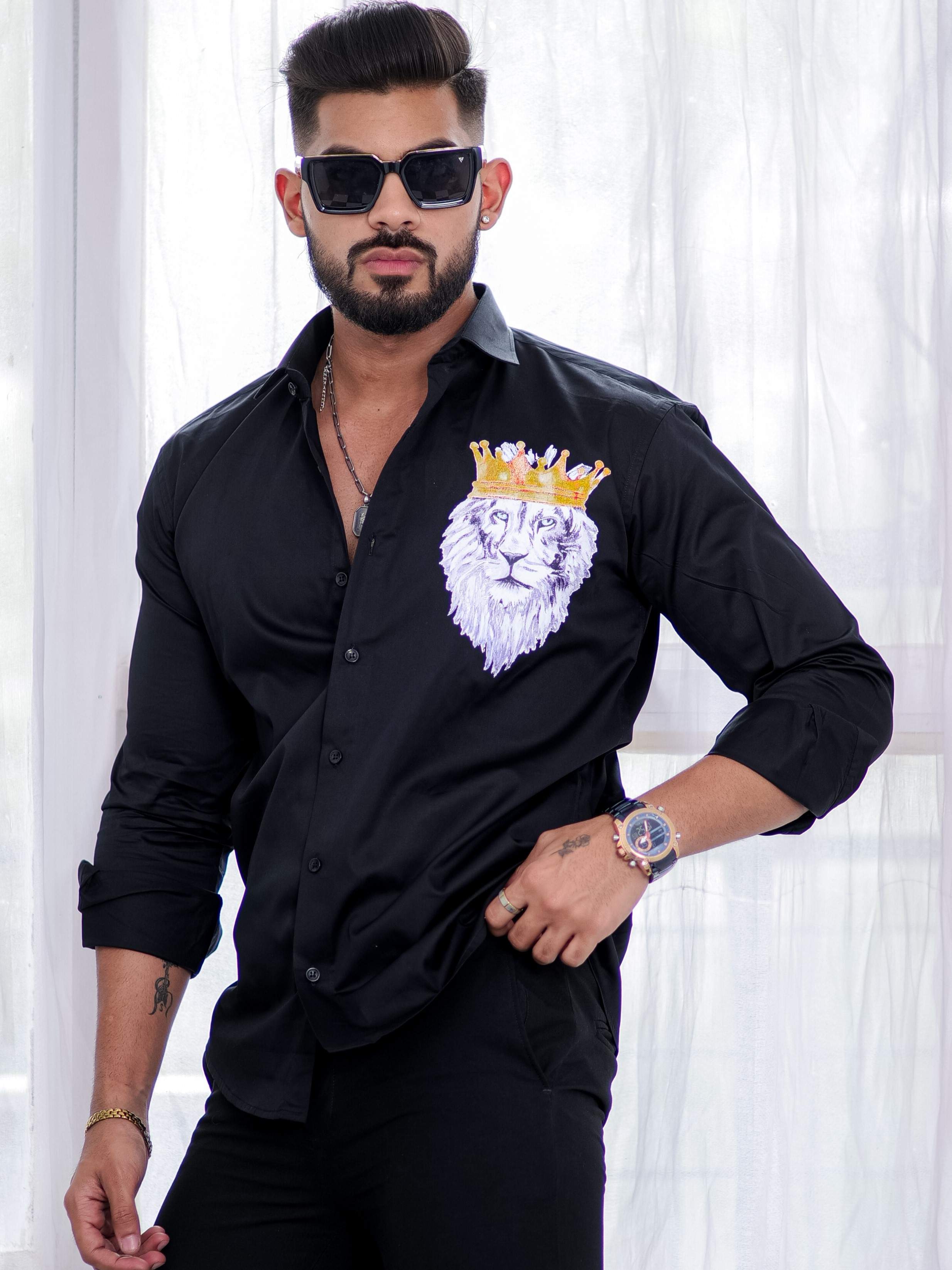 Black Club Wear Printed Satin Cotton Shirt