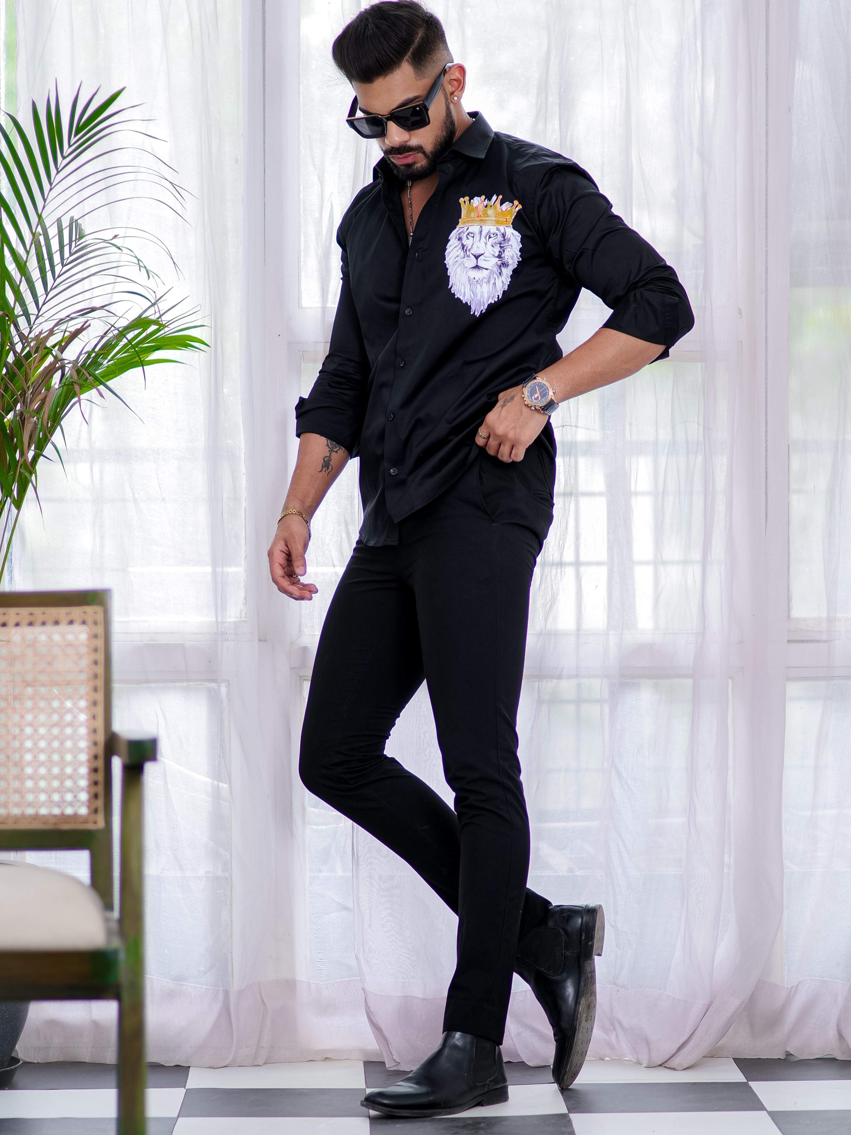 Black Club Wear Printed Satin Cotton Shirt