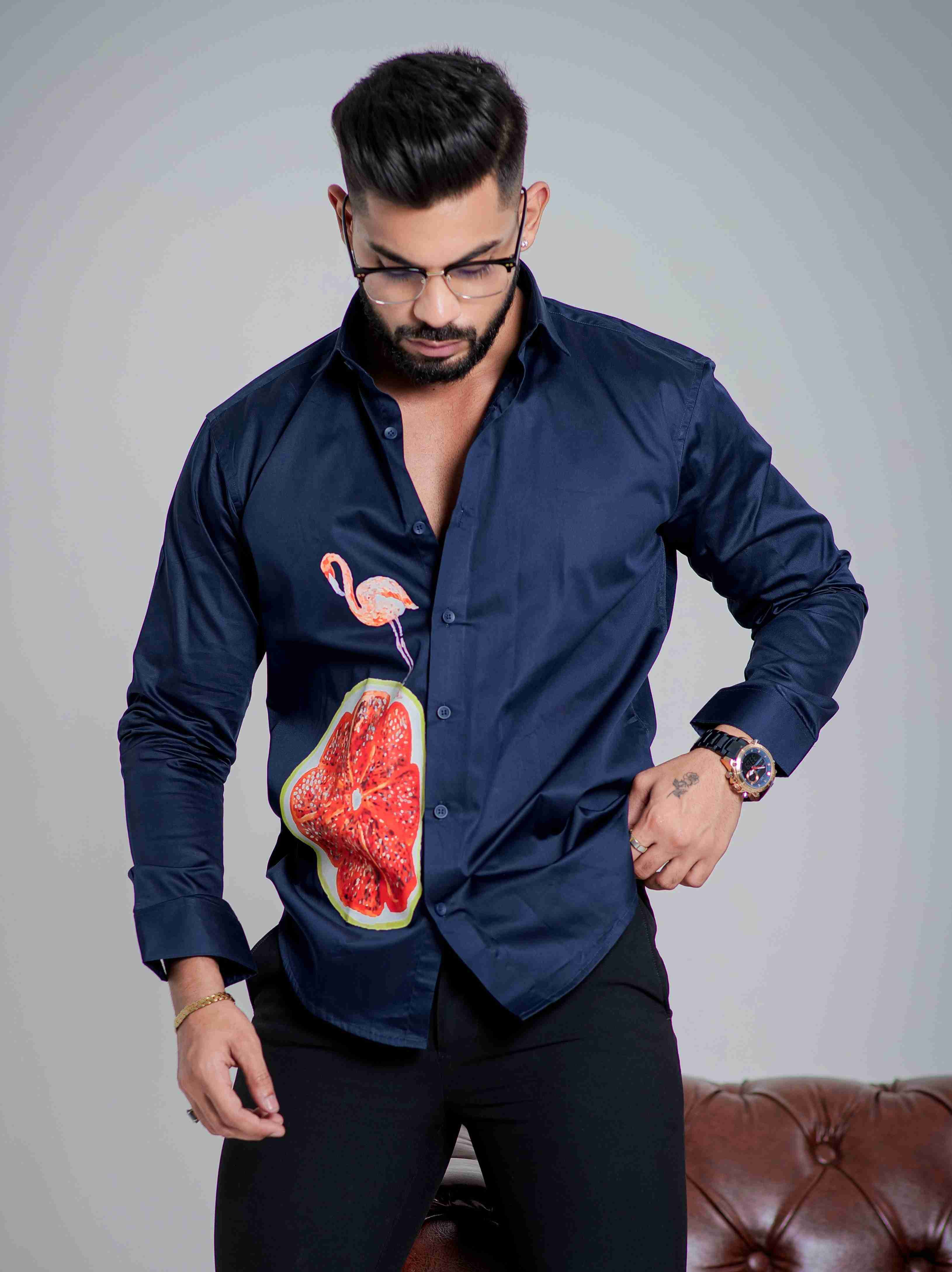 Blue Club Wear Printed Satin Cotton Shirt