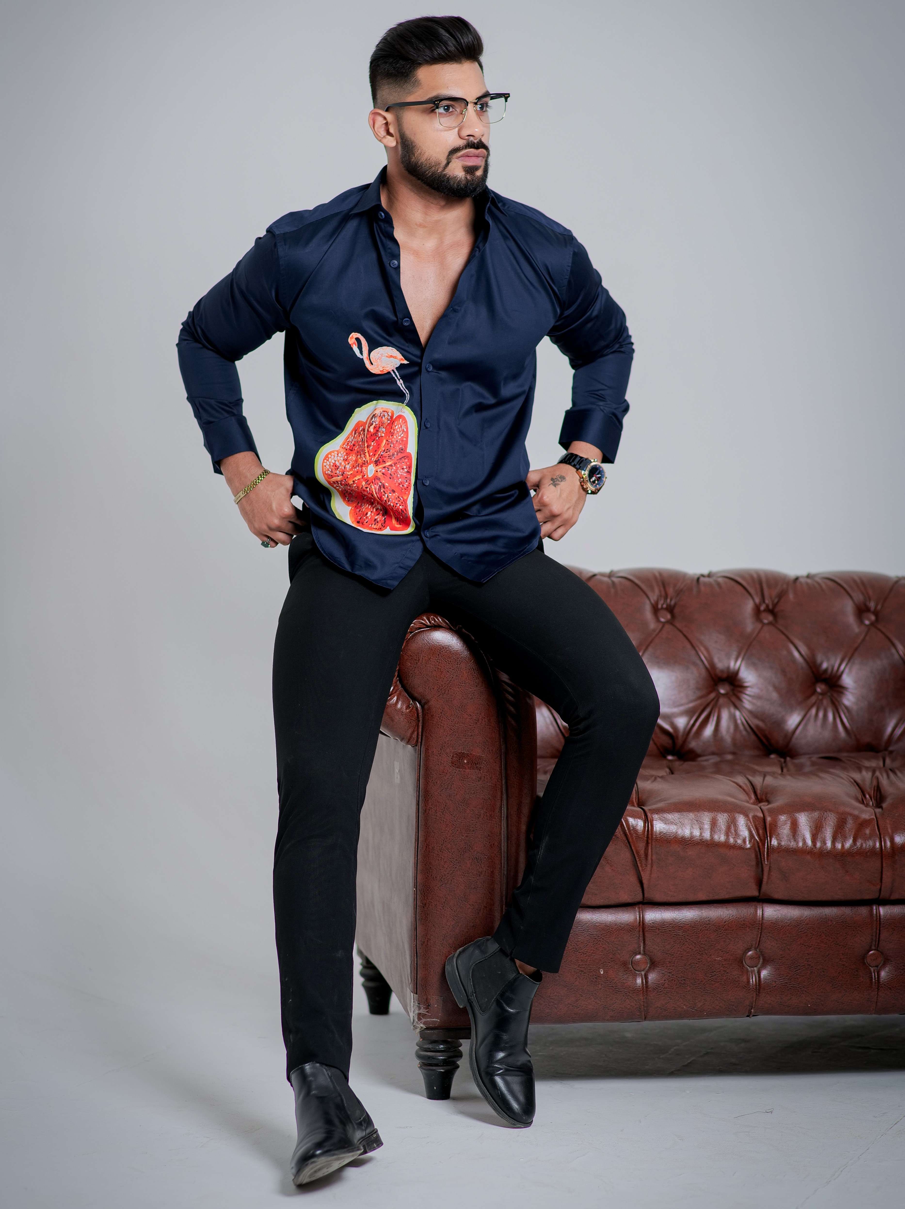 Blue Club Wear Printed Satin Cotton Shirt