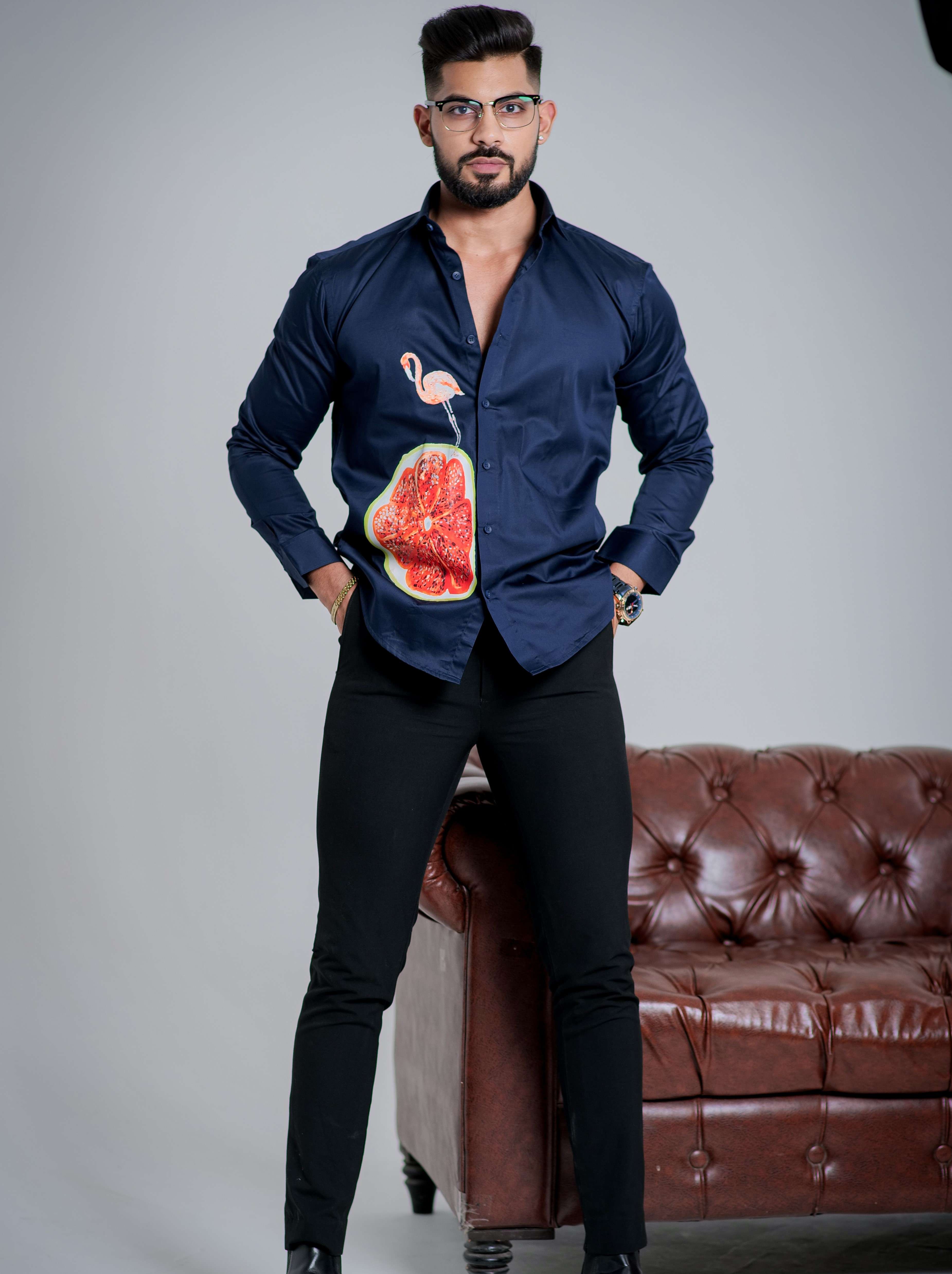Blue Club Wear Printed Satin Cotton Shirt