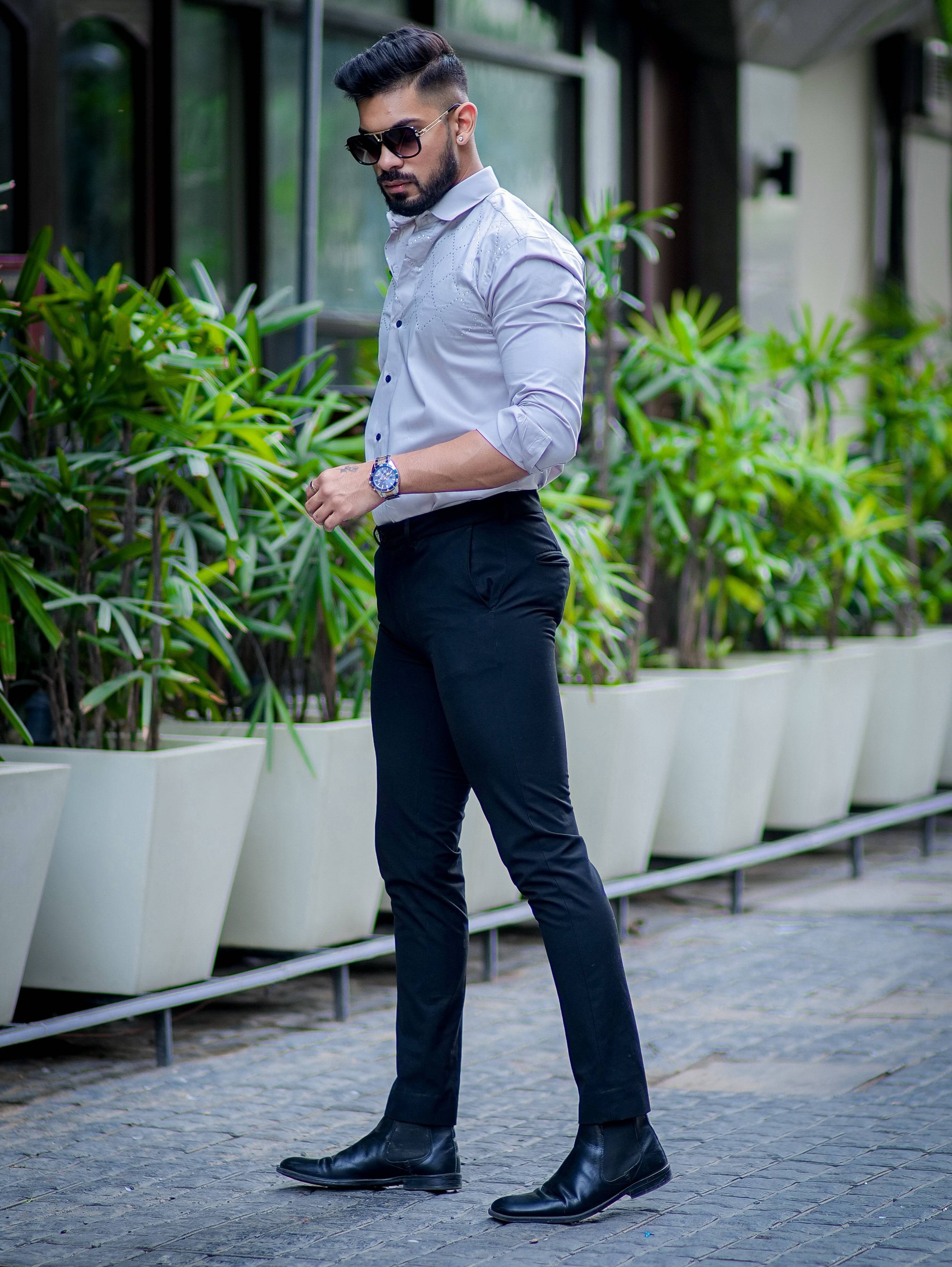 Starry Beaded Grey Premium Cotton Shirt